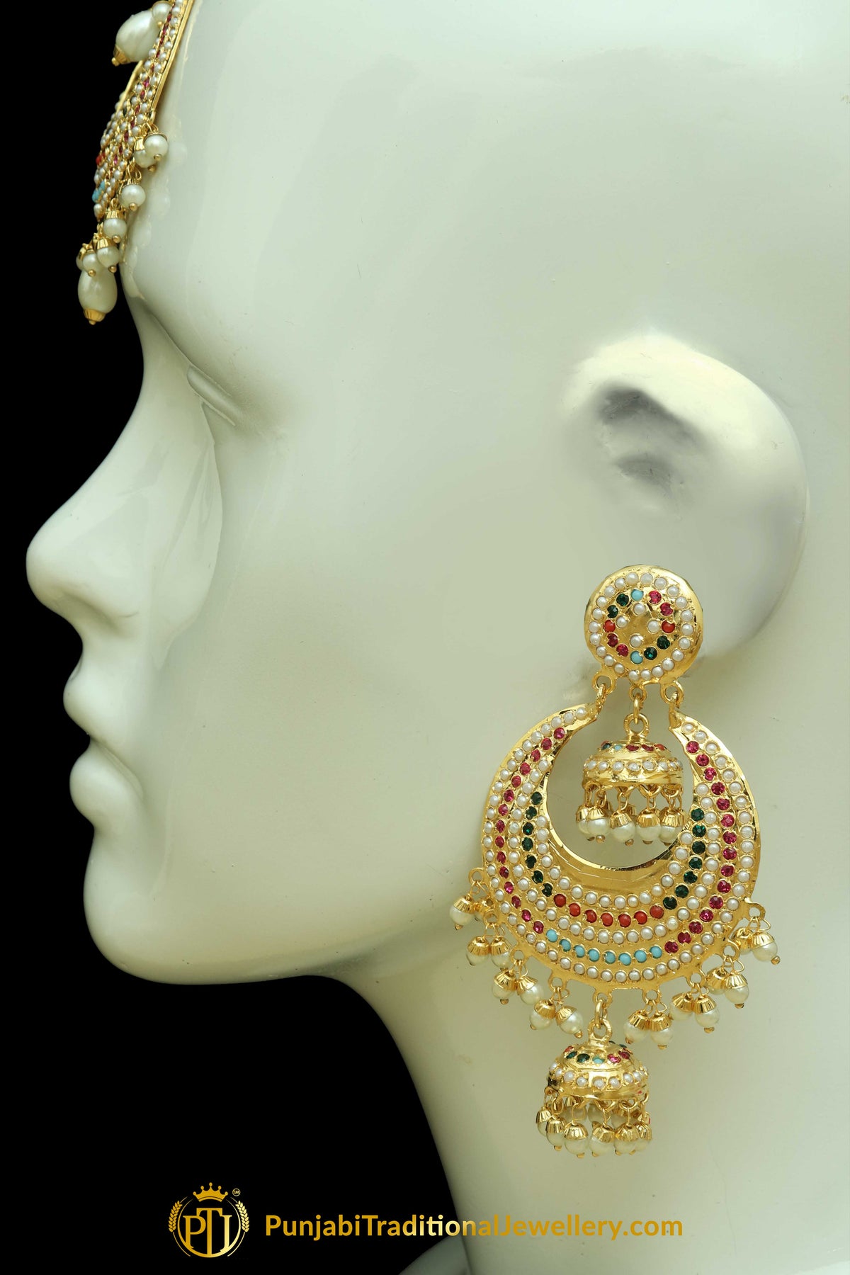 Multi Jadau Pearl Earring Tikka Set By Punjabi Traditional Jewellery