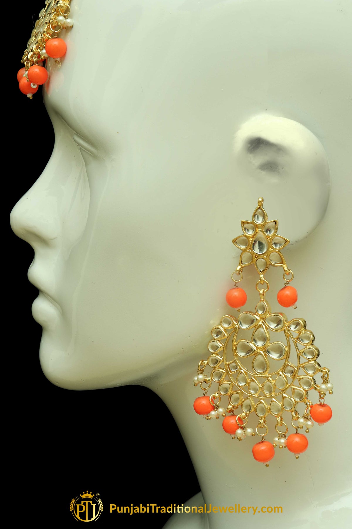 Orange Kundan Earring Tikka Set By Punjabi Traditional Jewellery