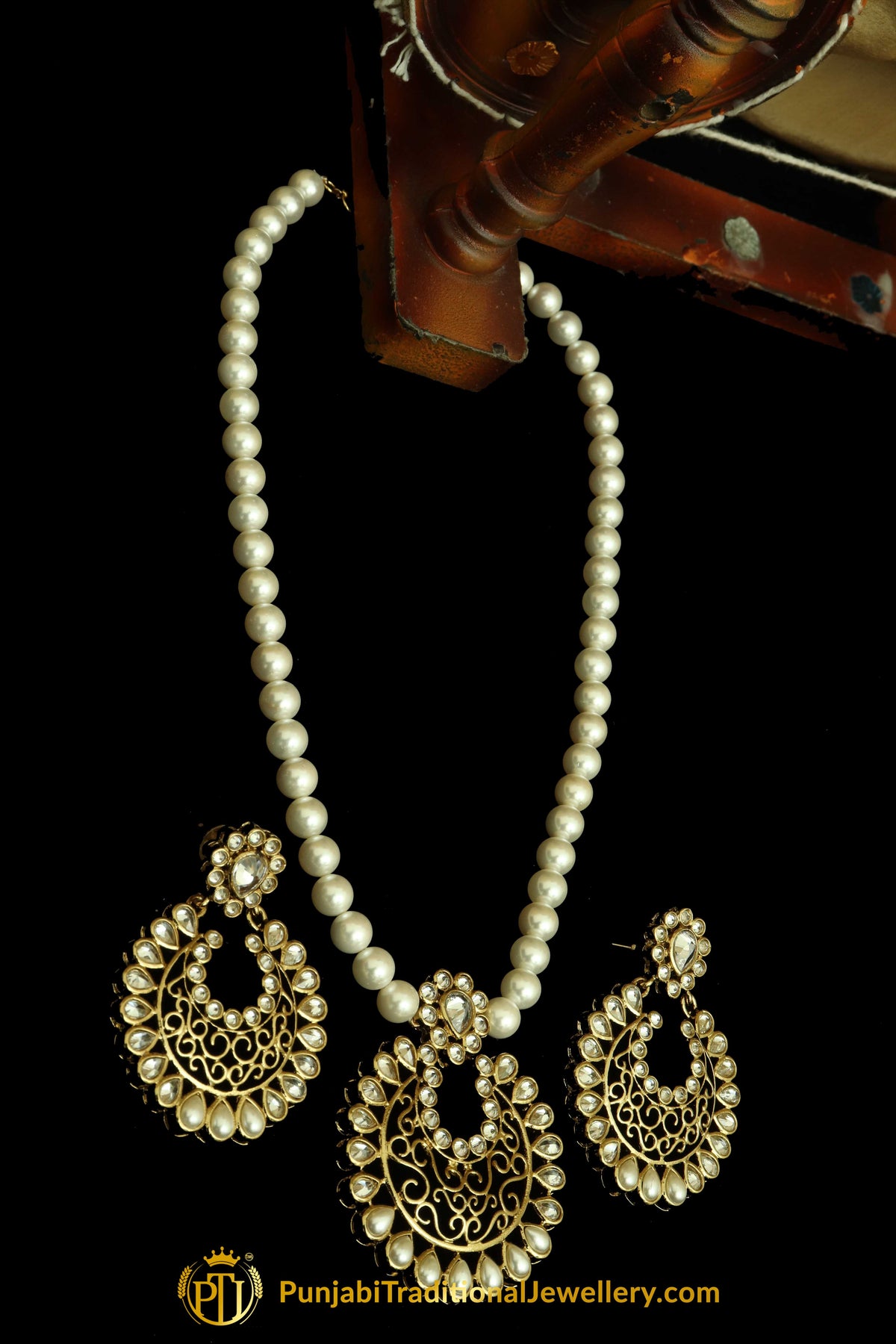 Polki Pearl Mala Necklace Set By Punjabi Traditional Jewellery