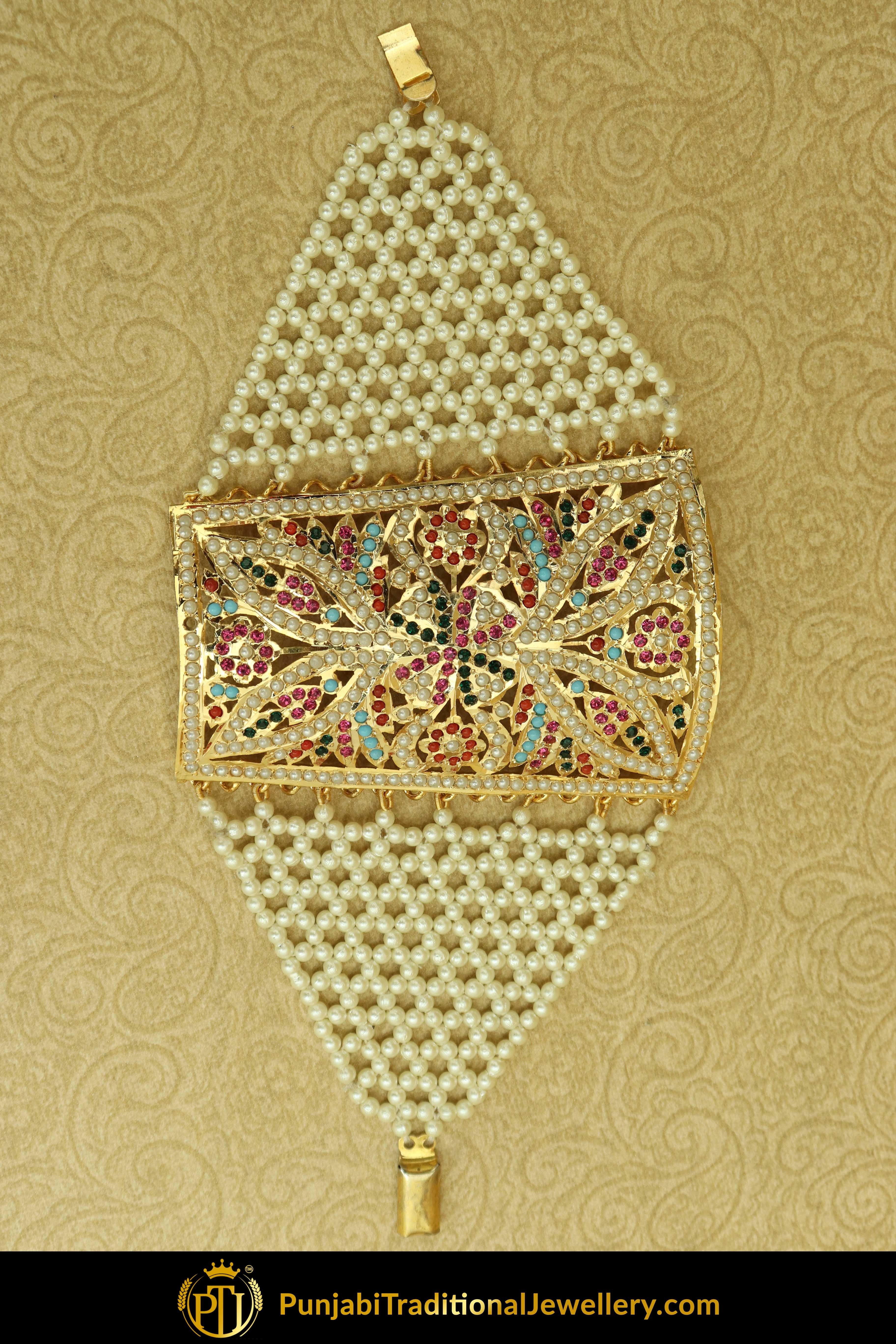 Gold Finished Navratan Jadau Bracelet | Punjabi Traditional Jewellery Exclusive