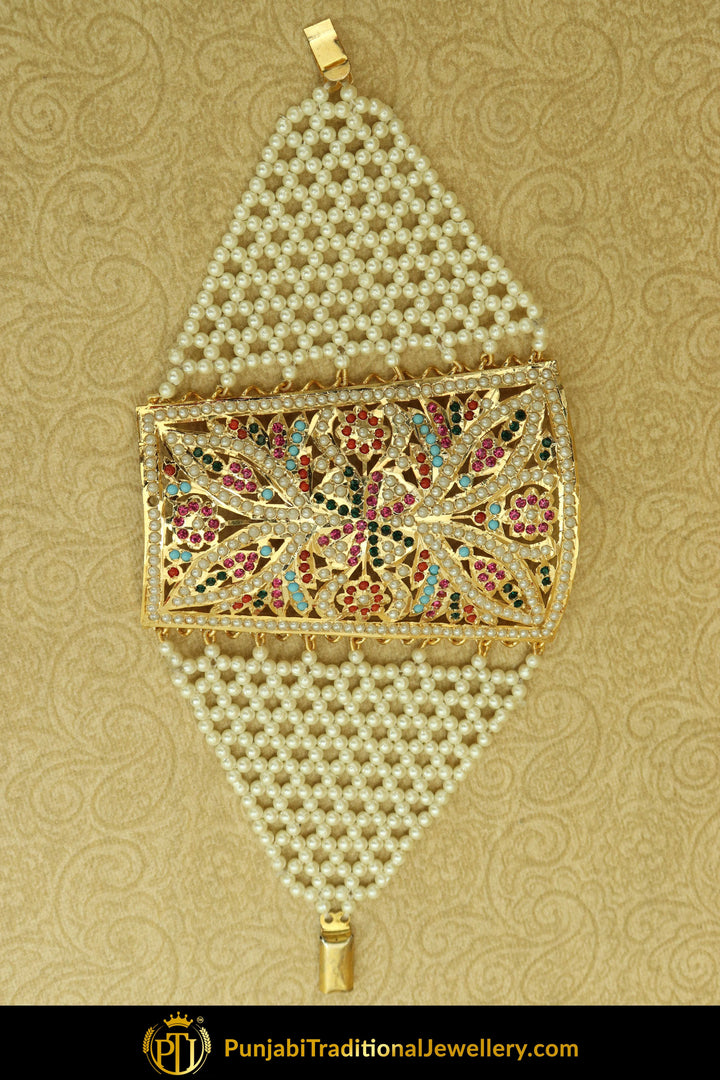 Gold Finished Navratan Jadau Bracelet | Punjabi Traditional Jewellery Exclusive