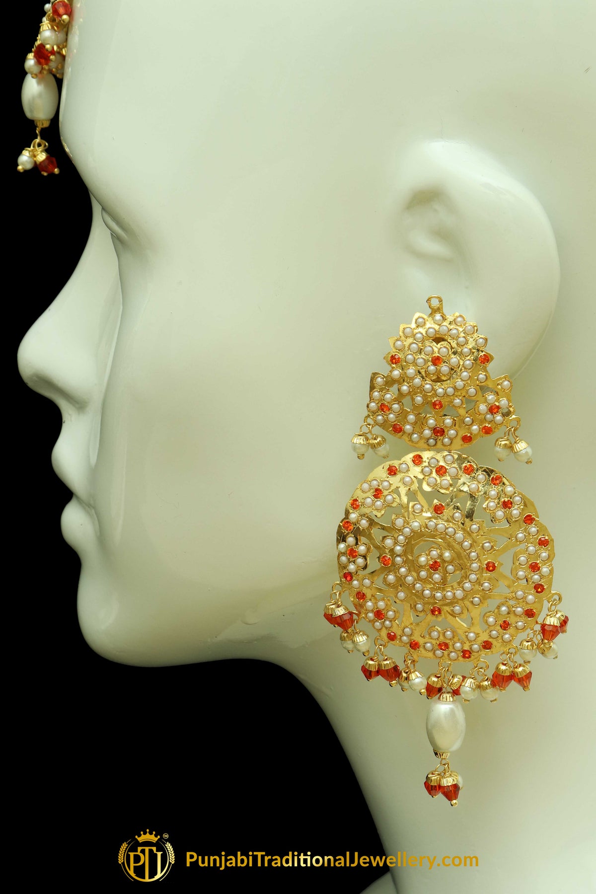 Gold Finished Rubby Jadau Earring Tikka Set By Punjabi Traditional Jewellery