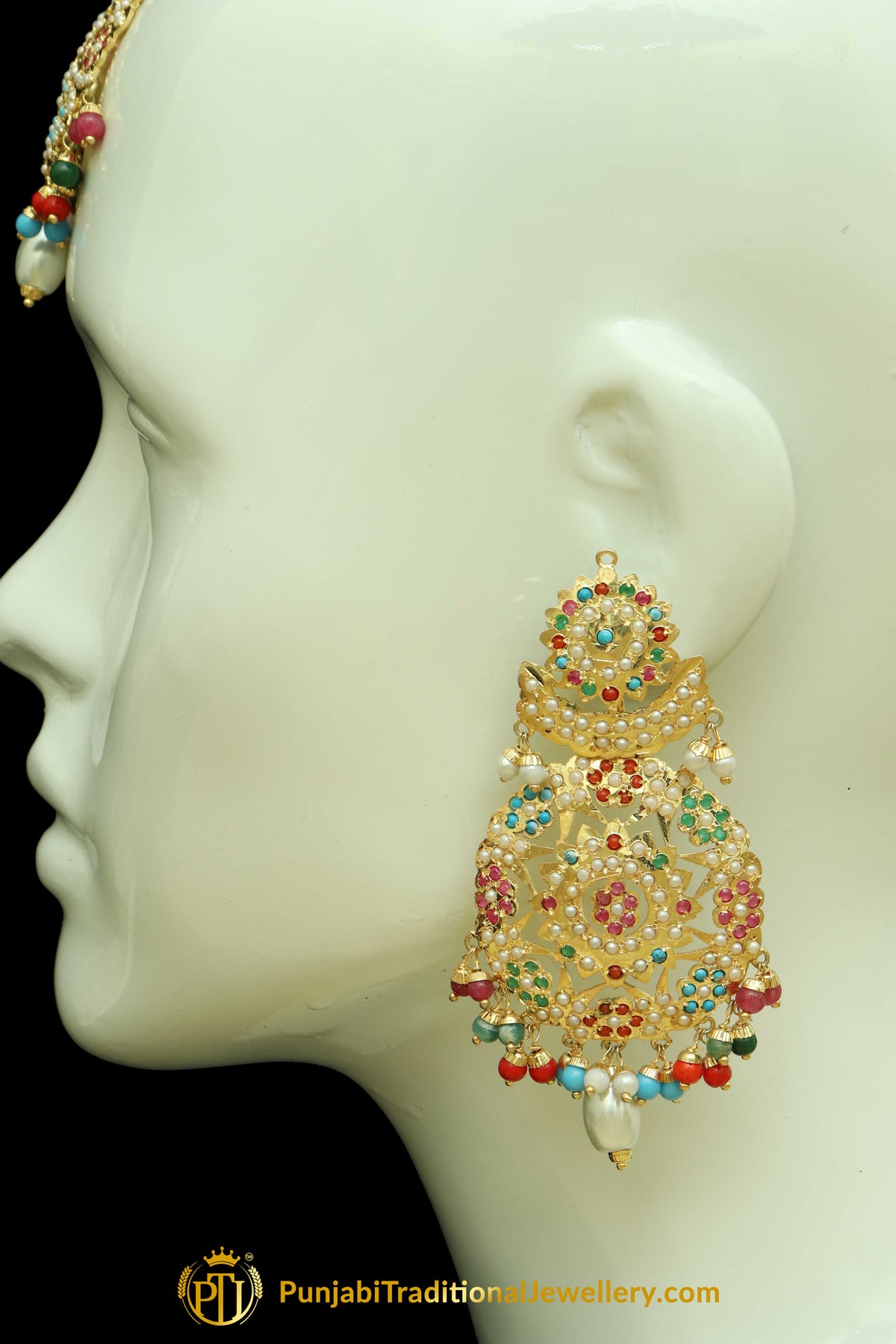 Gold Finished Navratan Jadau Earring Tikka Set By Punjabi Traditional Jewellery