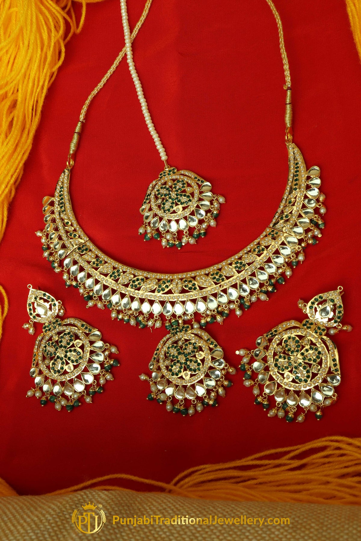 Green Jadau Necklace Set By Punjabi Traditional Jewellery