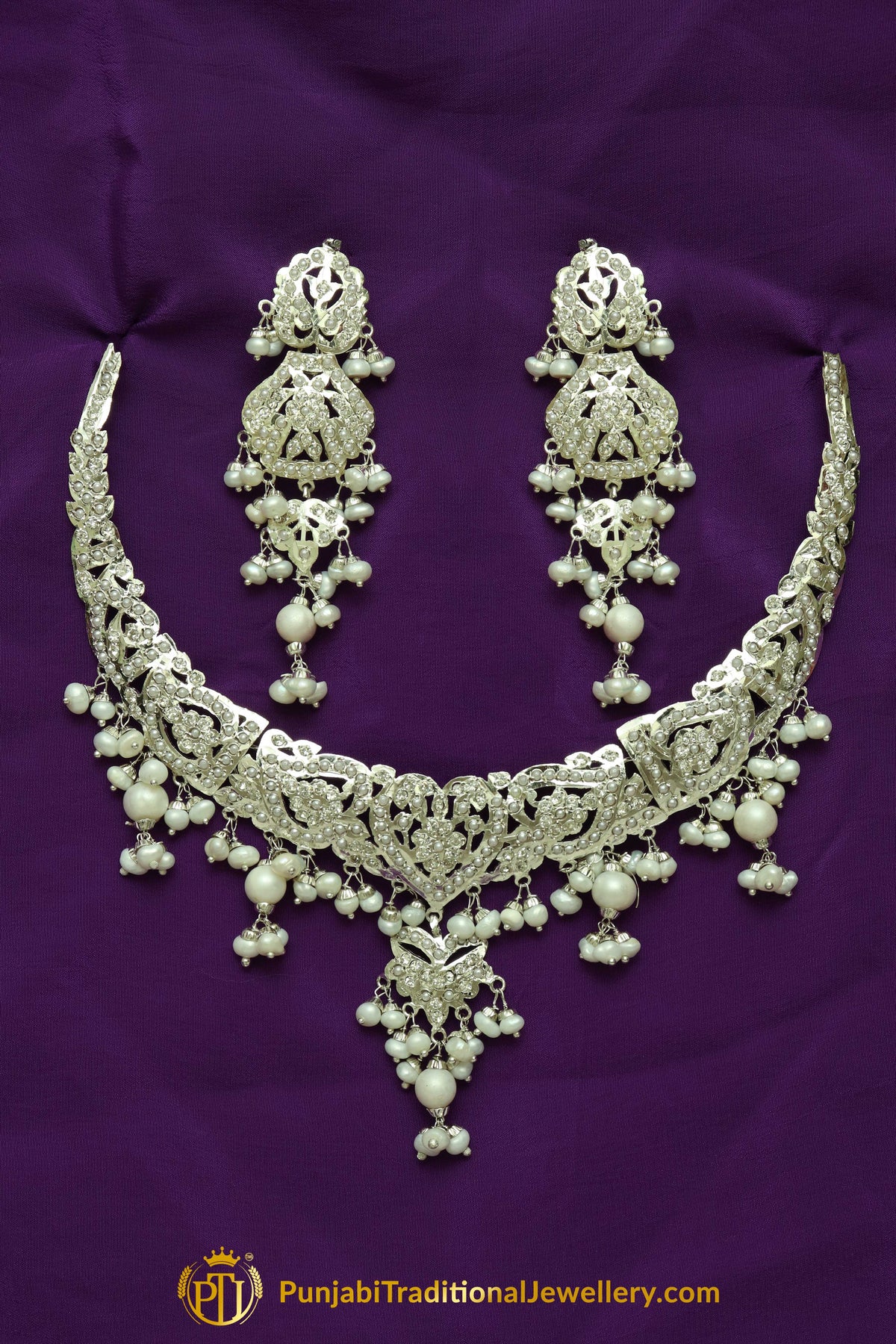 Silver Finished Pearl Jadau Necklace Set By Punjabi Traditional Jewellery