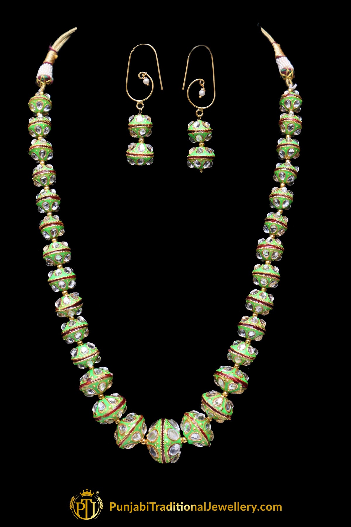 Green Red Polki Mala Necklace Set By Punjabi Traditional Jewellery