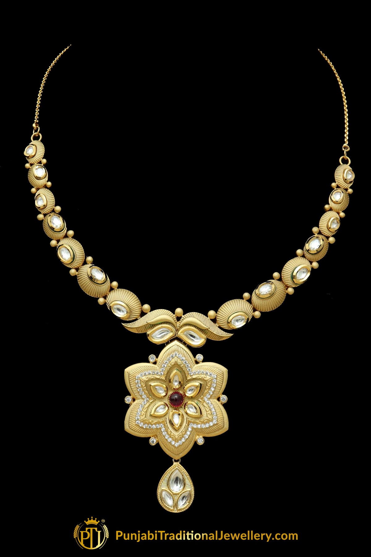 Matt Gold Kundan Necklace Set By Punjabi Taditional Jewellery
