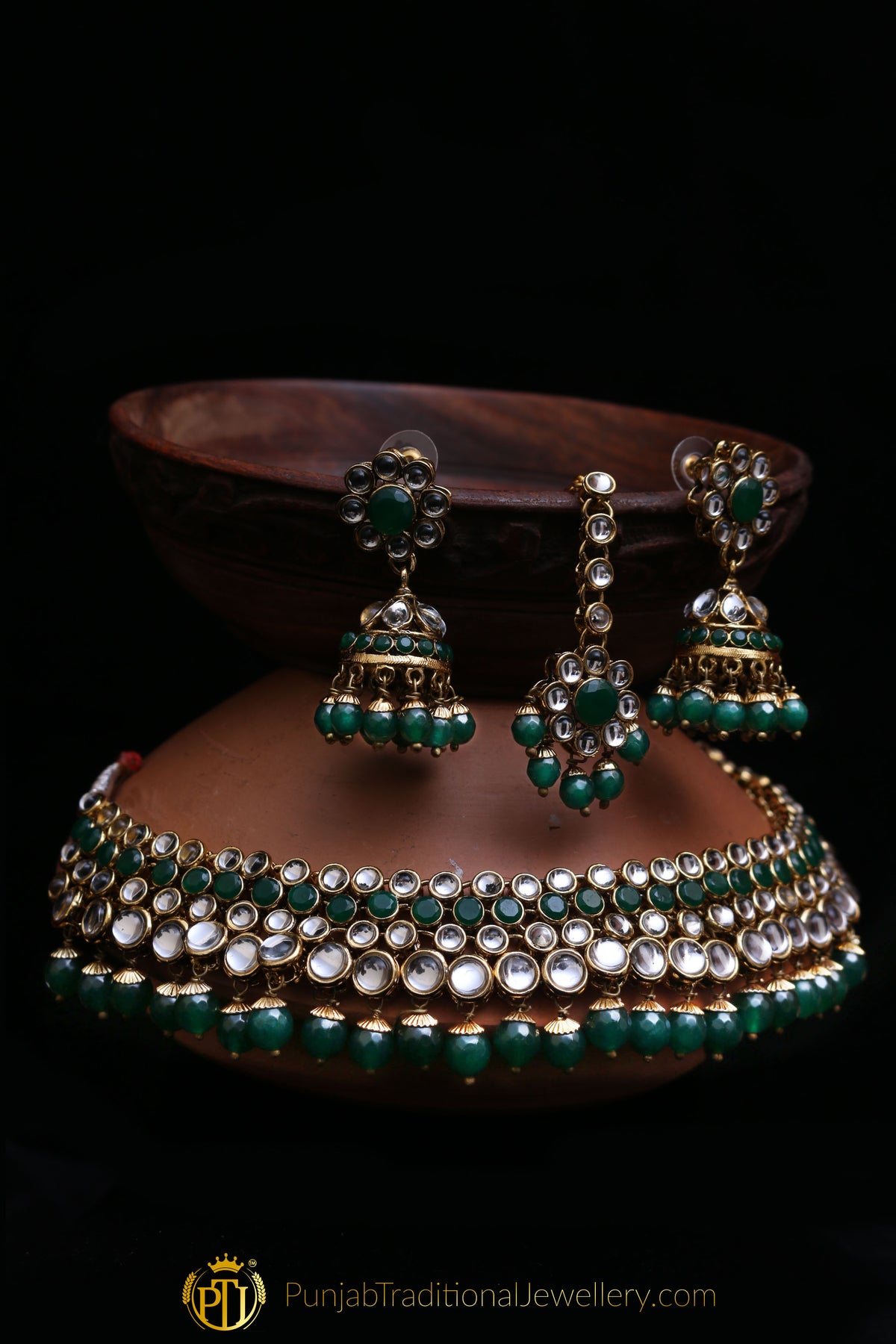Green Kundan Necklace Set By Punjabi Traditional Jewellery