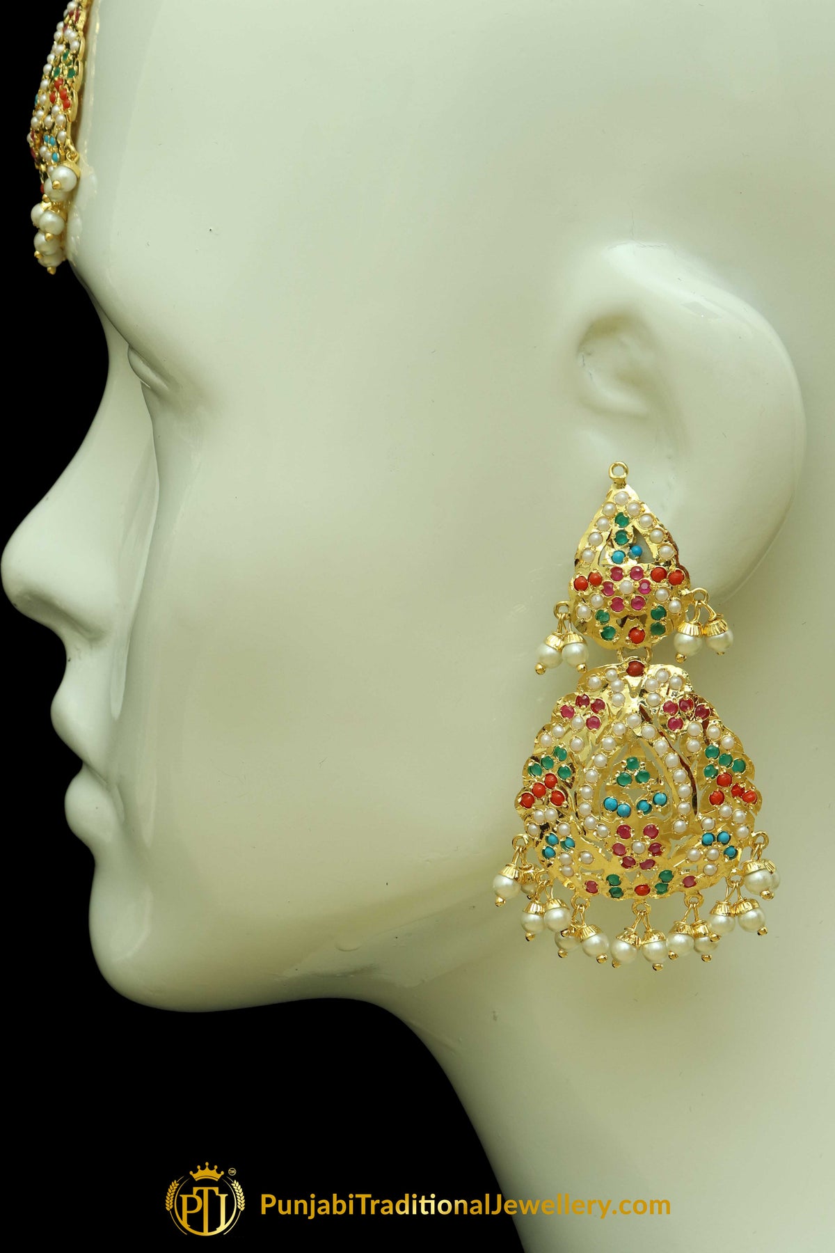 Gold Finished Navratan Jadau Earring Tikka Set By Punjabi Traditional Jewellery
