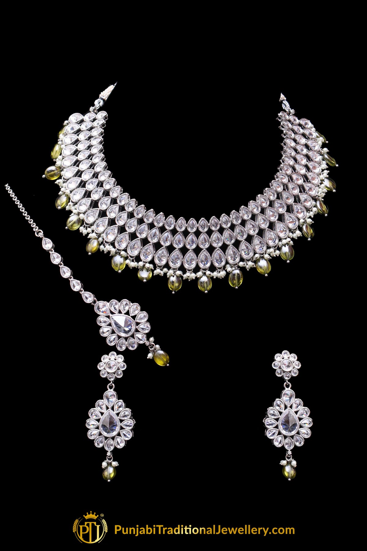 Green Polki Necklace Set By Punjabi Traditional Jewellery