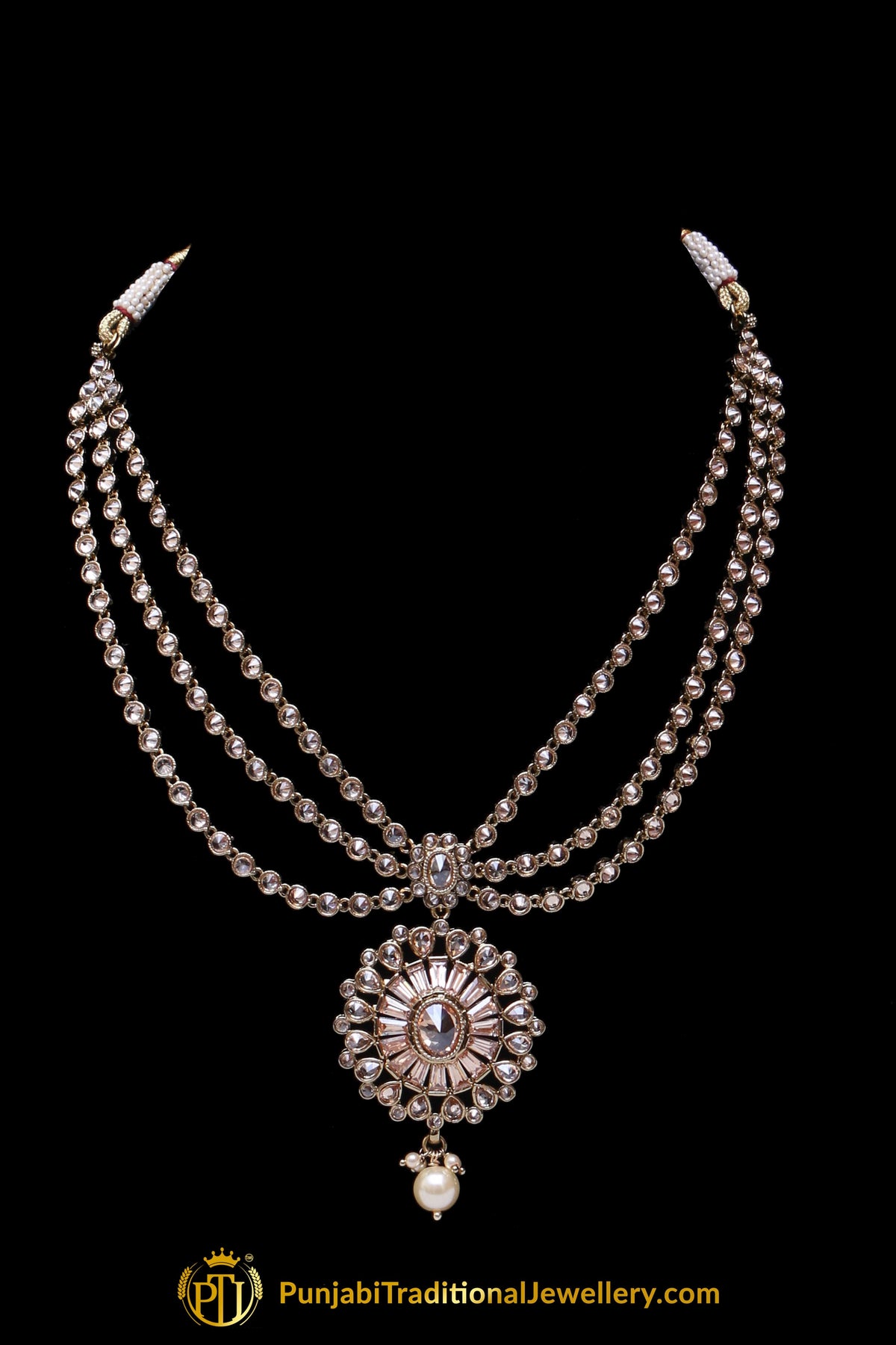 Golden Champagne Stone Necklace Set By Punjabi Traditional Jewellery