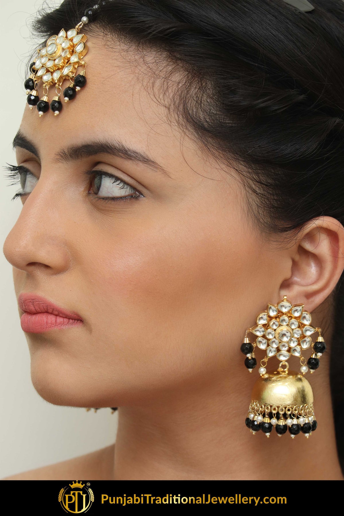 Iffah Gold Finished Pearl Black Jhumki Kundan Earring Tikka Set | Punjabi Traditional Jewellery Exclusive