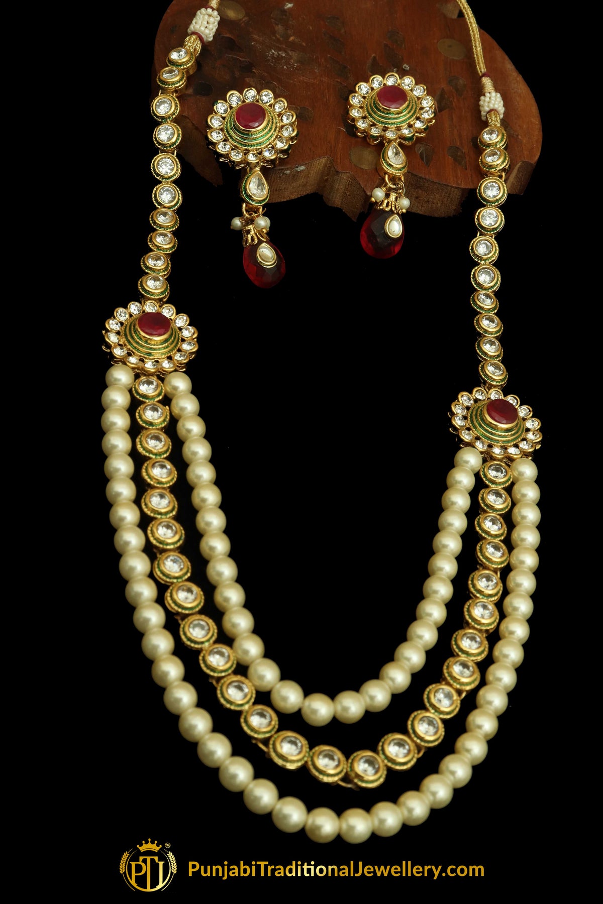 Red Polki Pearl Necklace Set By Punjabi Traditional Jewellery