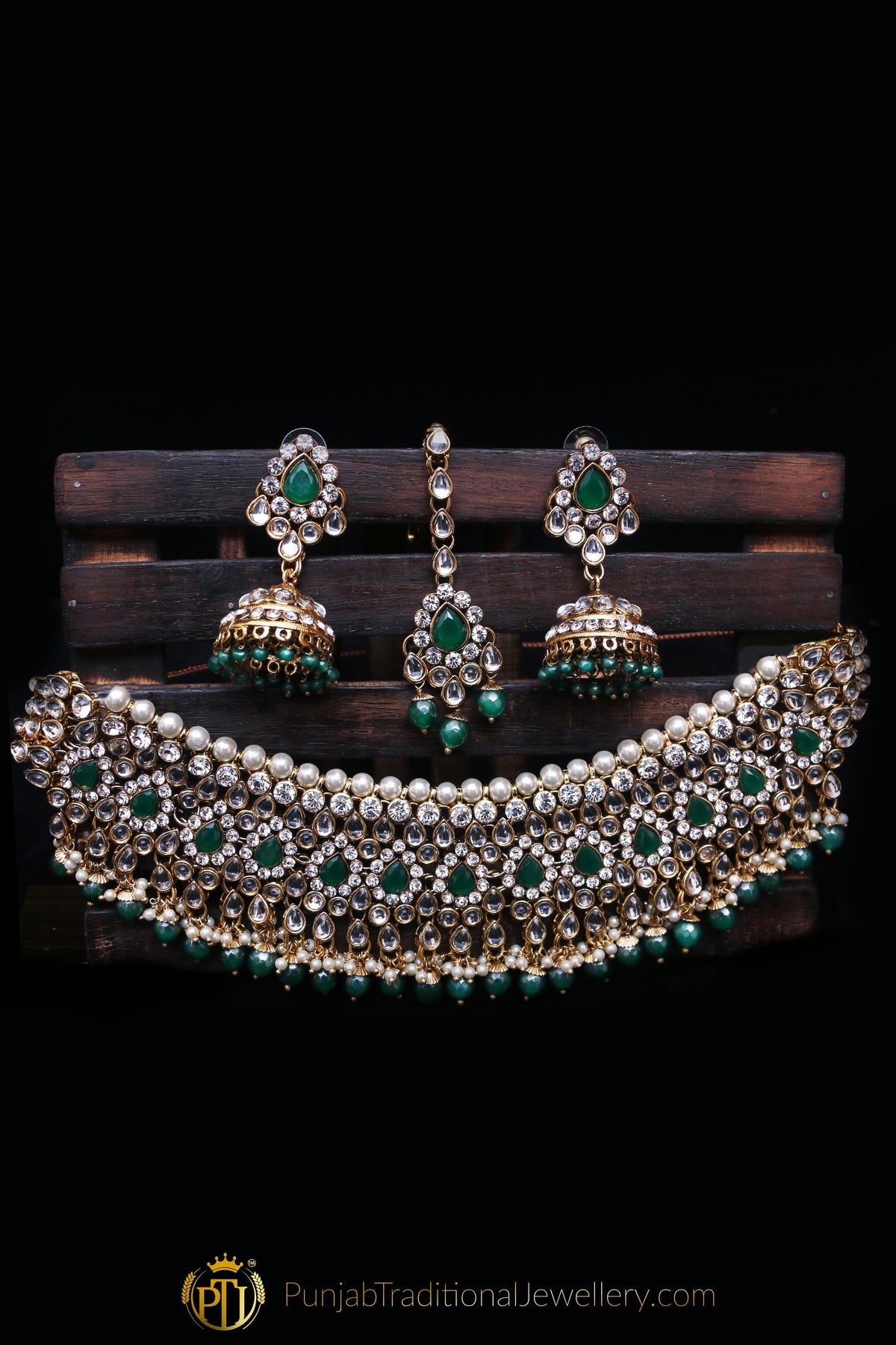 Green Pearl Kundan Choker Necklace Set By Punjabi Traditional Jewellery