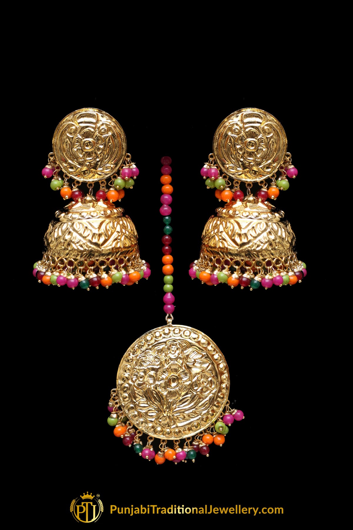 Multi Gold Plated Jhumki Earrings & Tikka Set By Punjabi Traditional Jewellery