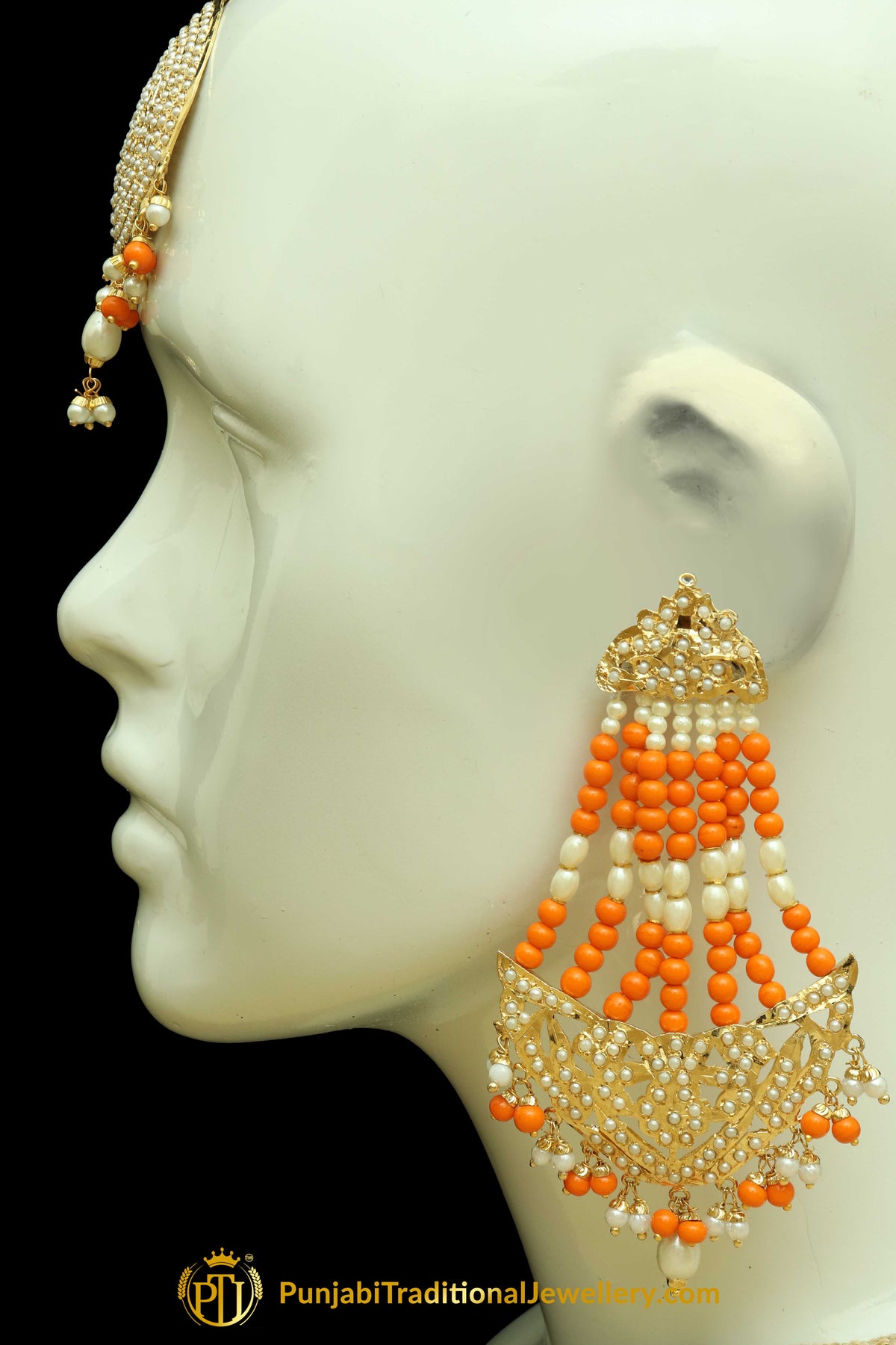 Orange Jadau Pearl Jhumar Earrings & Tikka Set By Punjabi Traditional Jewellery