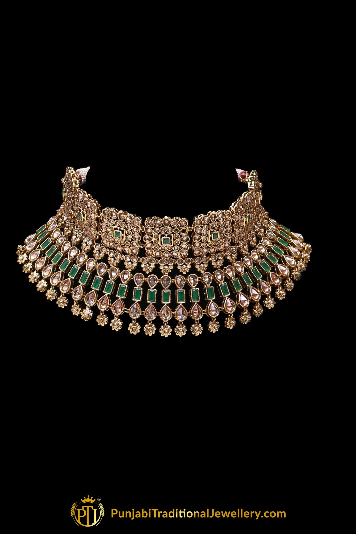 Green Champagne Stone Choker Necklace Set By Punjabi Traditional Jewellery