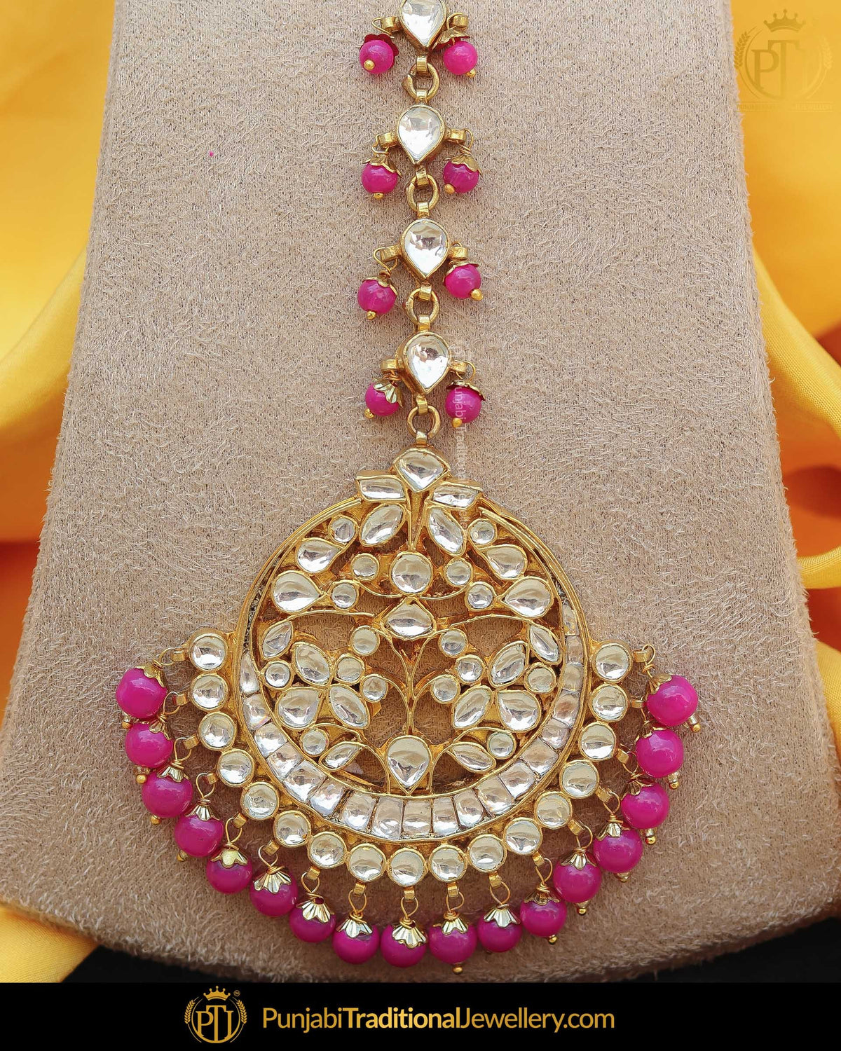 Gold Finished Pink Kundan Tikka | Punjabi Traditional Jewellery Exclusive