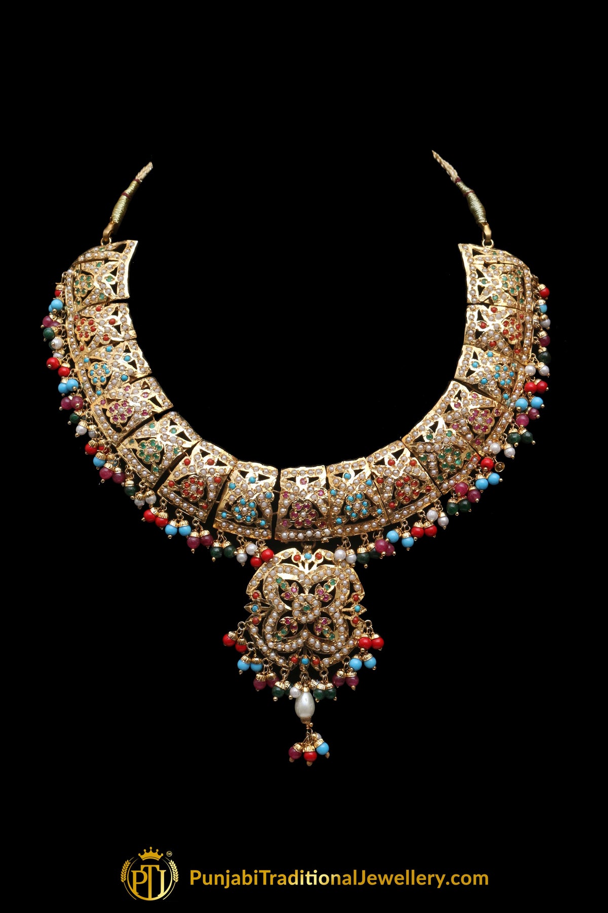 Multi Jadau Pearl Necklace Set By Punjabi Traditional Jewellery