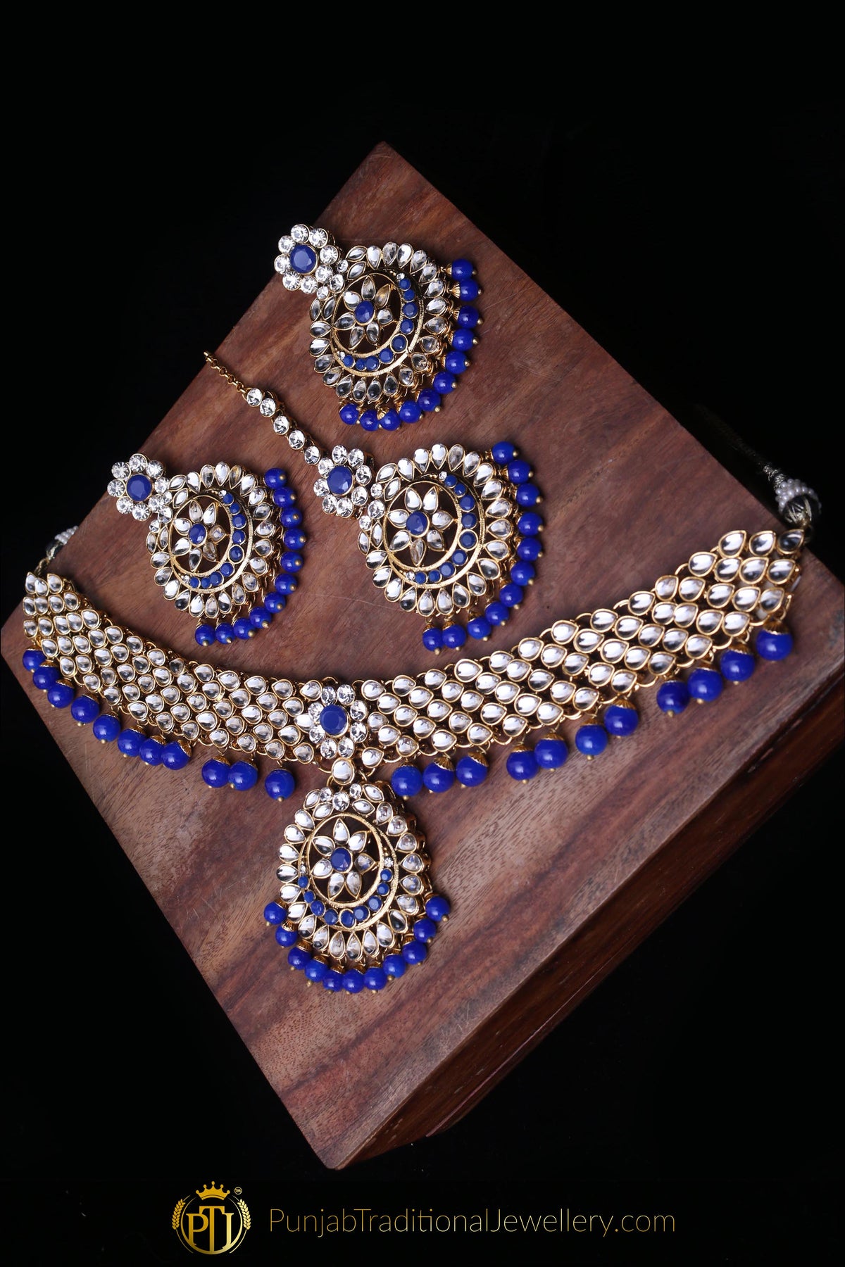 Blue Kundan Necklace Set By Punjabi Traditional Jewellery