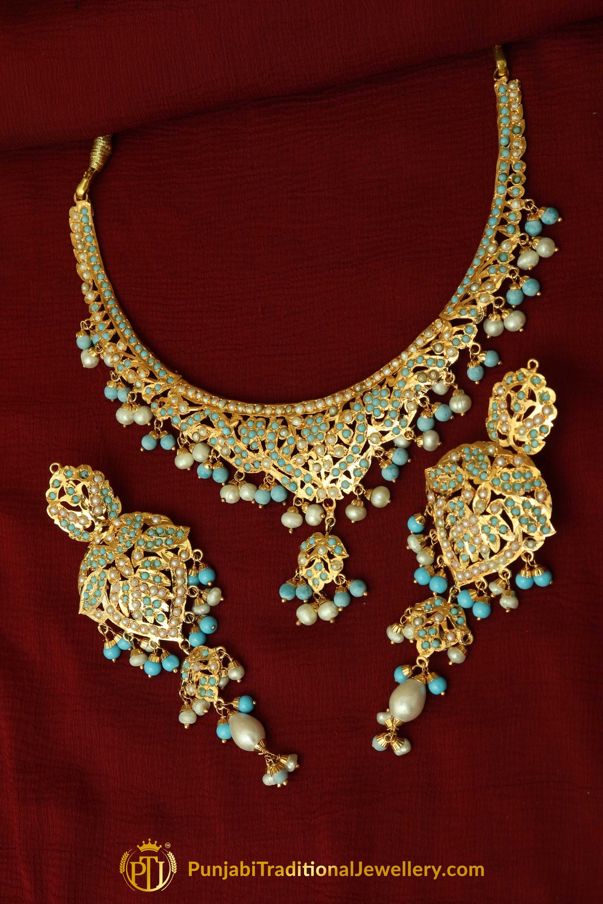 Firozi Jadau Necklace Set By Punjabi Traditional Jewellery