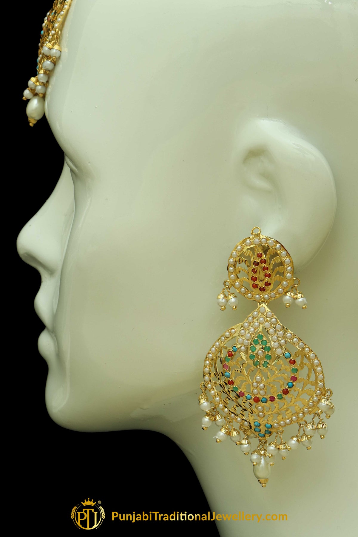 Gold Finished Navratan Jadau Earring Tikka Set By Punjabi Traditional Jewellery