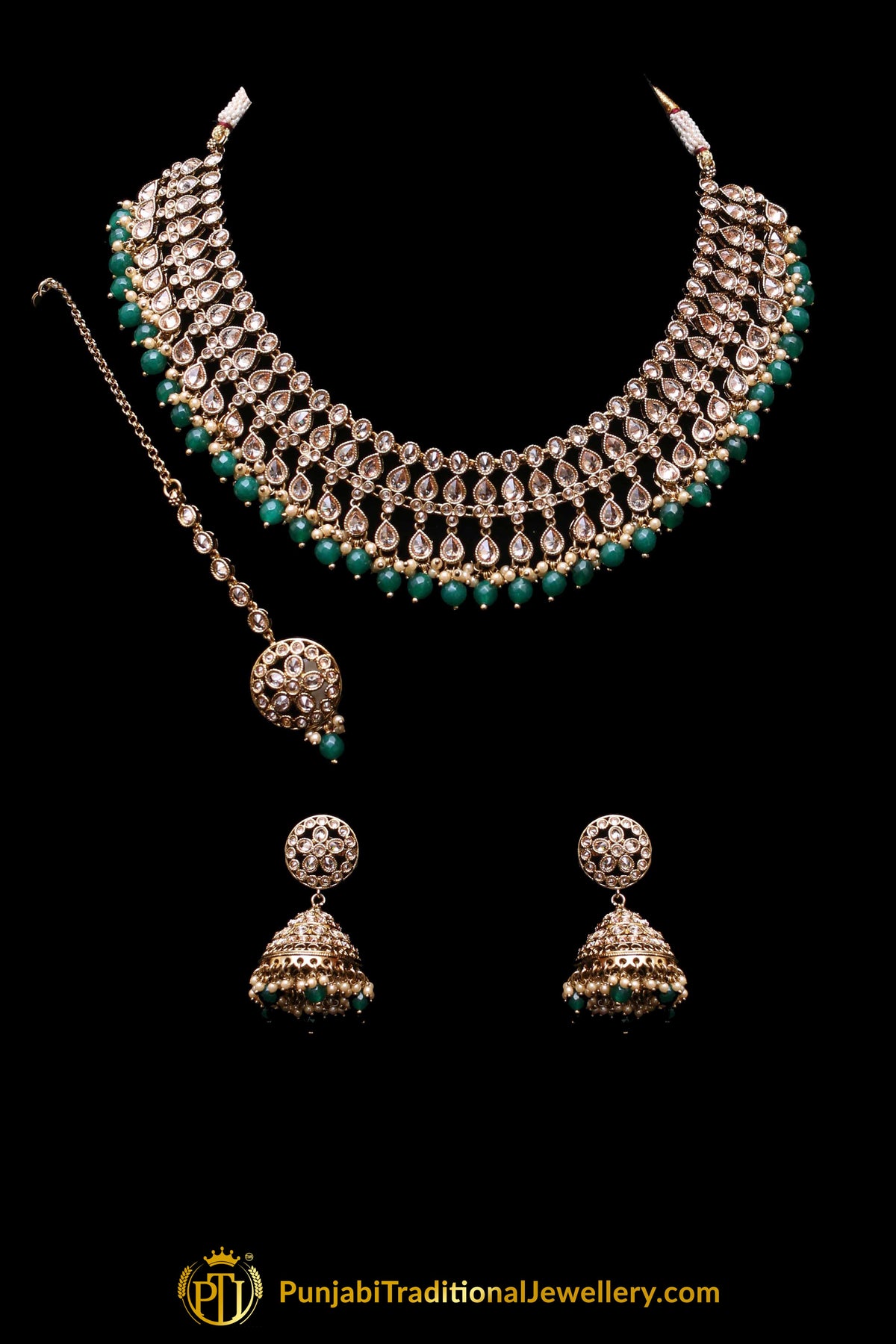 Golden Champagne Stone Necklace Set By Punjabi Traditional Jewellery