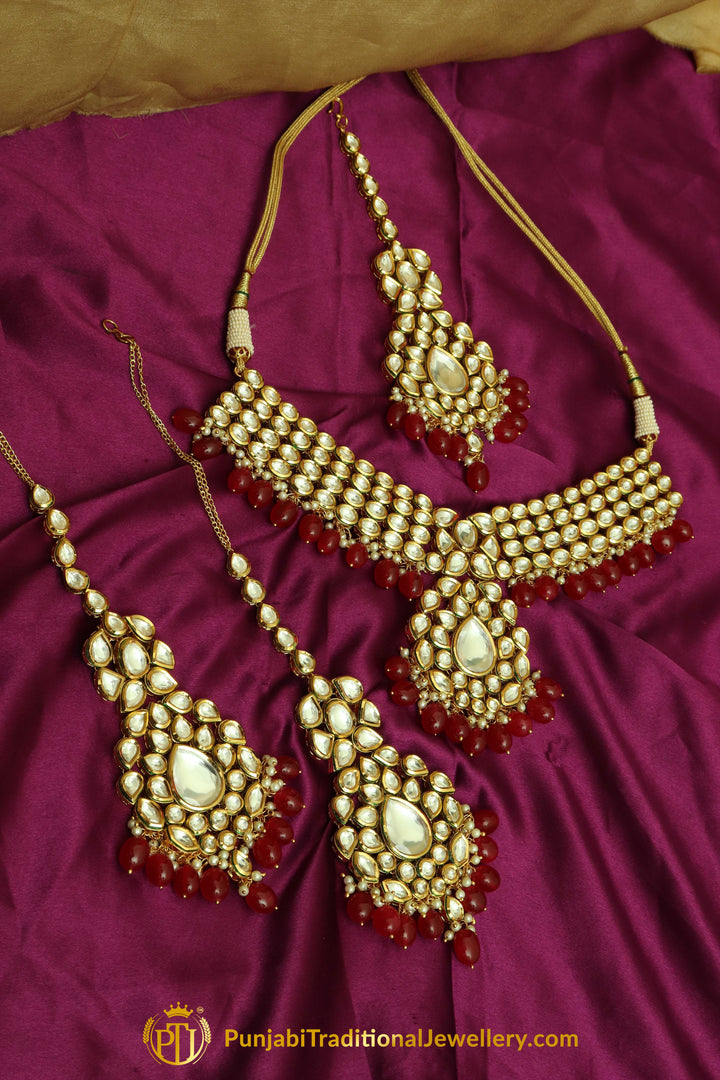 Red Kundan Necklace Set By Punjabi Traditional Jewellery