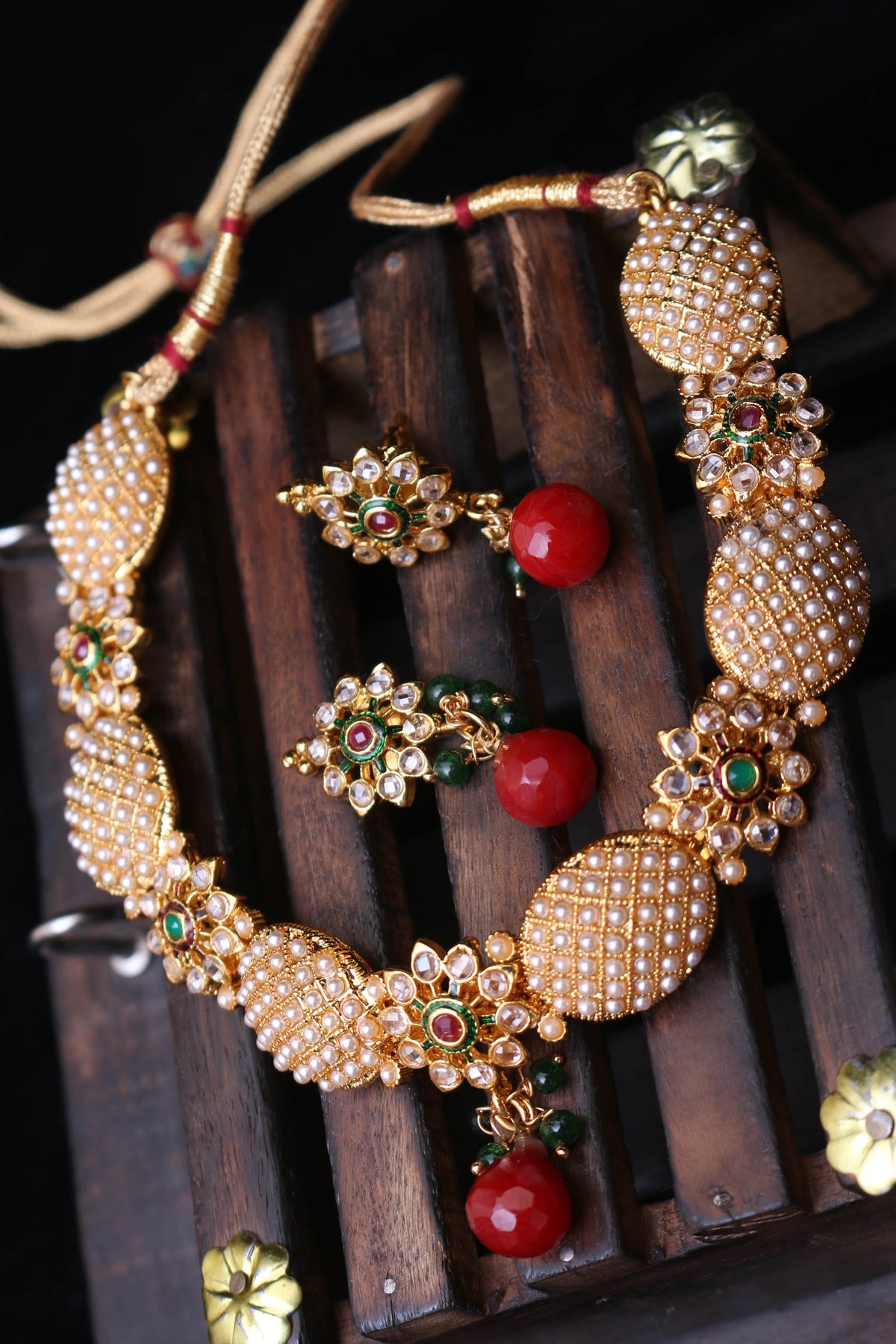 Lihaaz Maroon & Green Necklace Set By Punjabi Traditional Jewellery