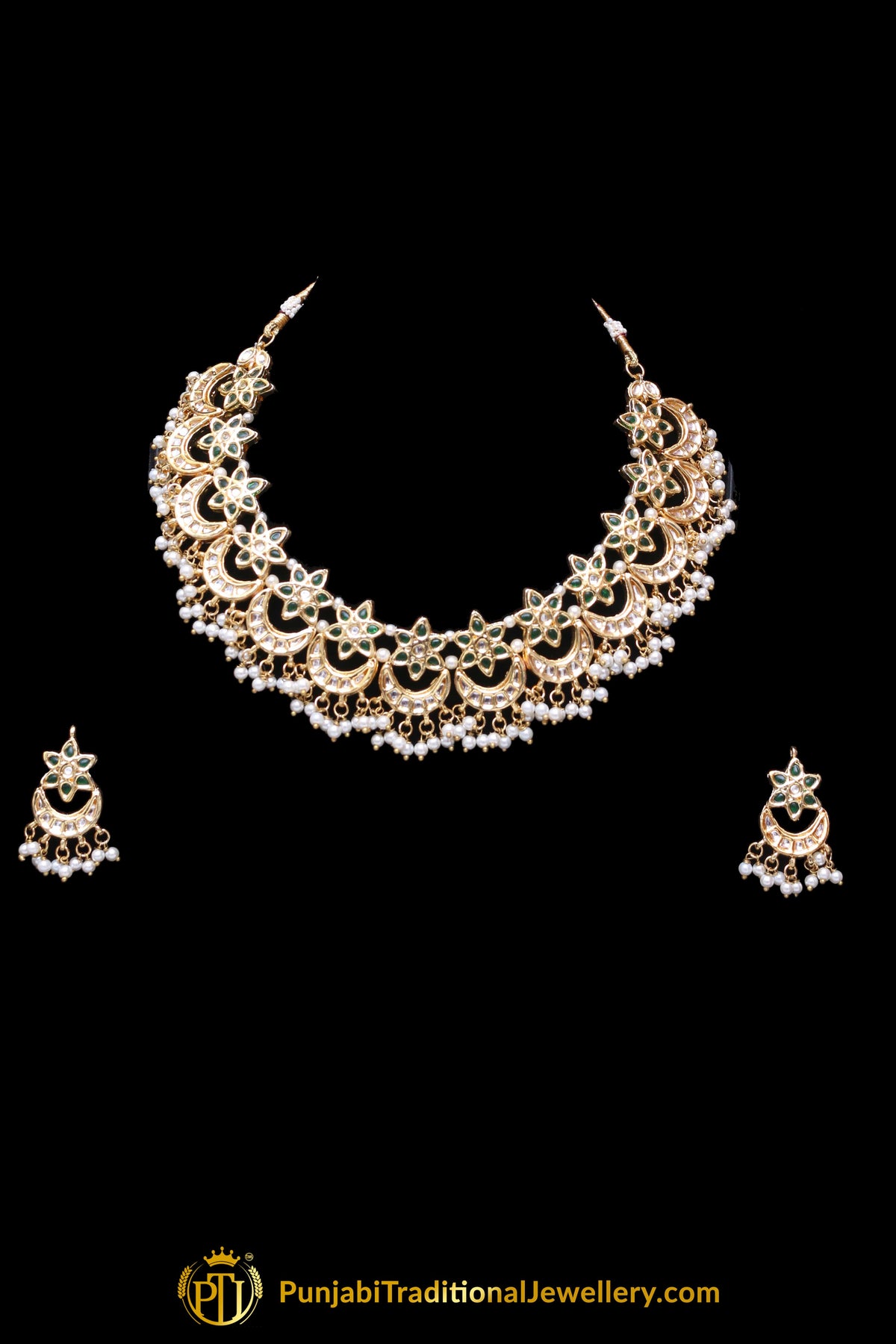 Green Pearl Kundan Necklace Set Punjabi Traditional Jewellery