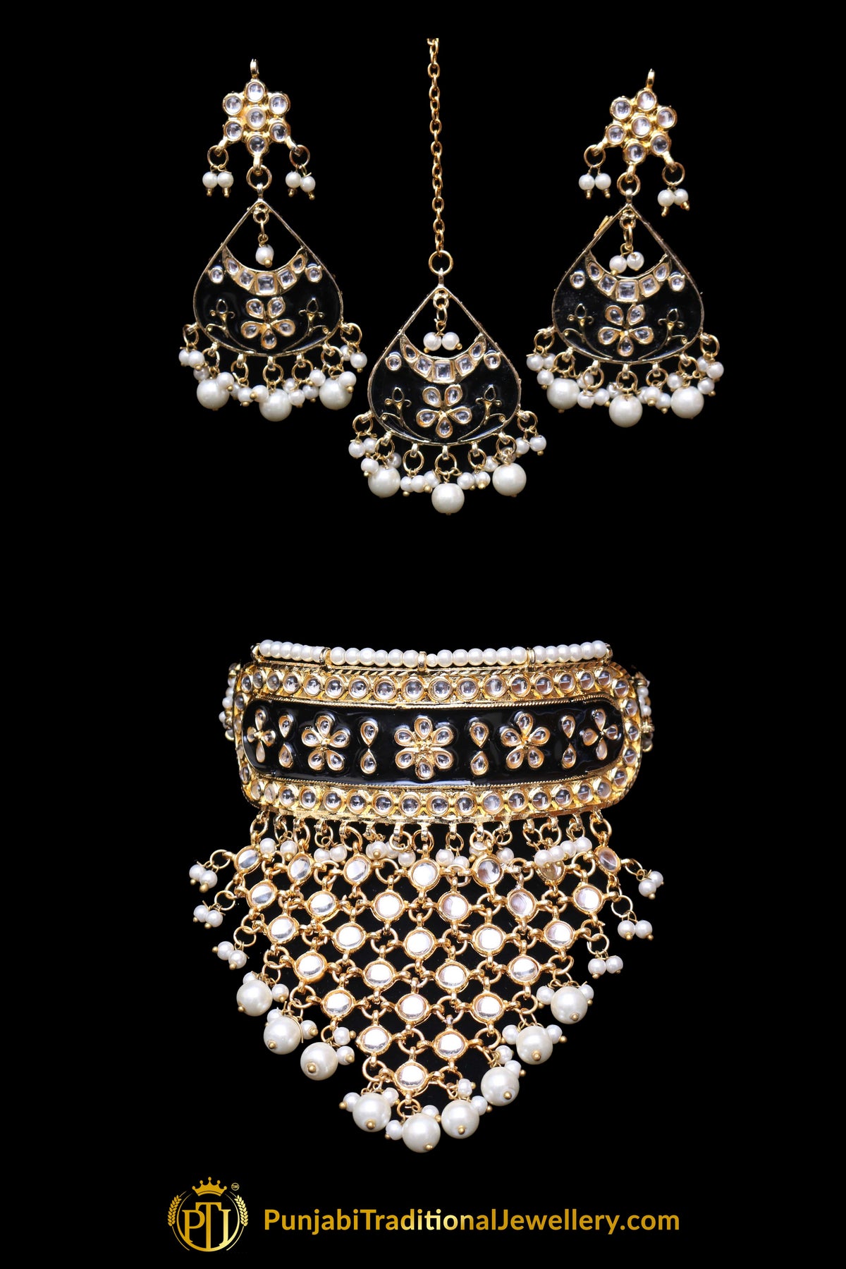 Blue Choker Pearl Kundan Meena Necklace Set By Punjabi Traditional Jewellery