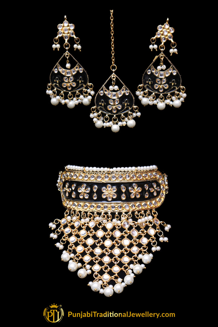 Blue Choker Pearl Kundan Meena Necklace Set By Punjabi Traditional Jewellery
