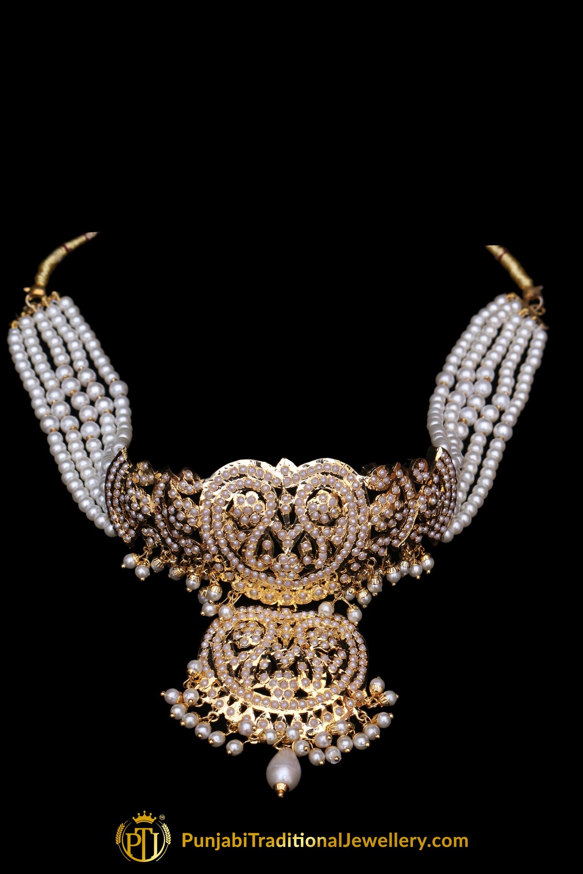 Jadau White Pearl Mala Necklace Set By Punjabi Traditional Jewellery