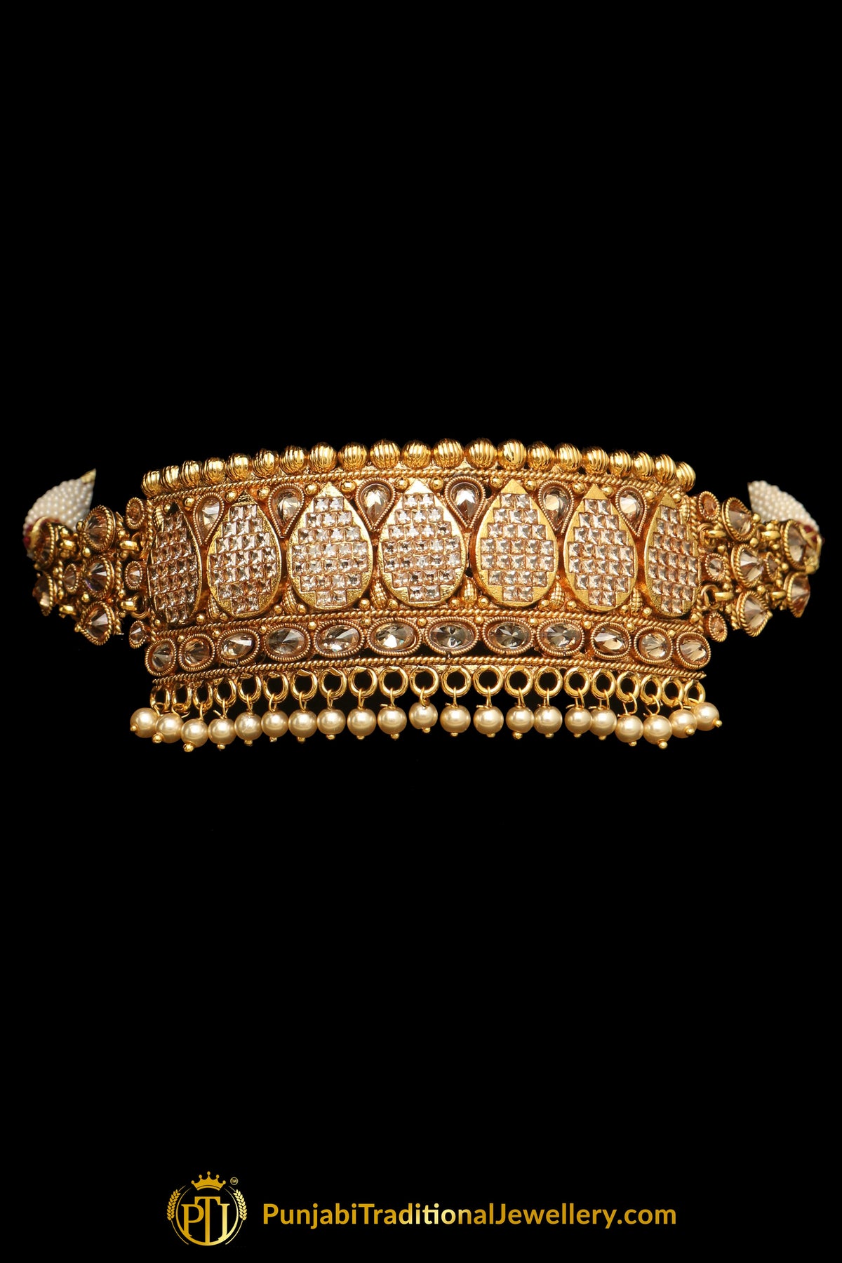 Pearl Champagne Stone Jhumki Necklace Set By Punjabi Taditional Jewellery