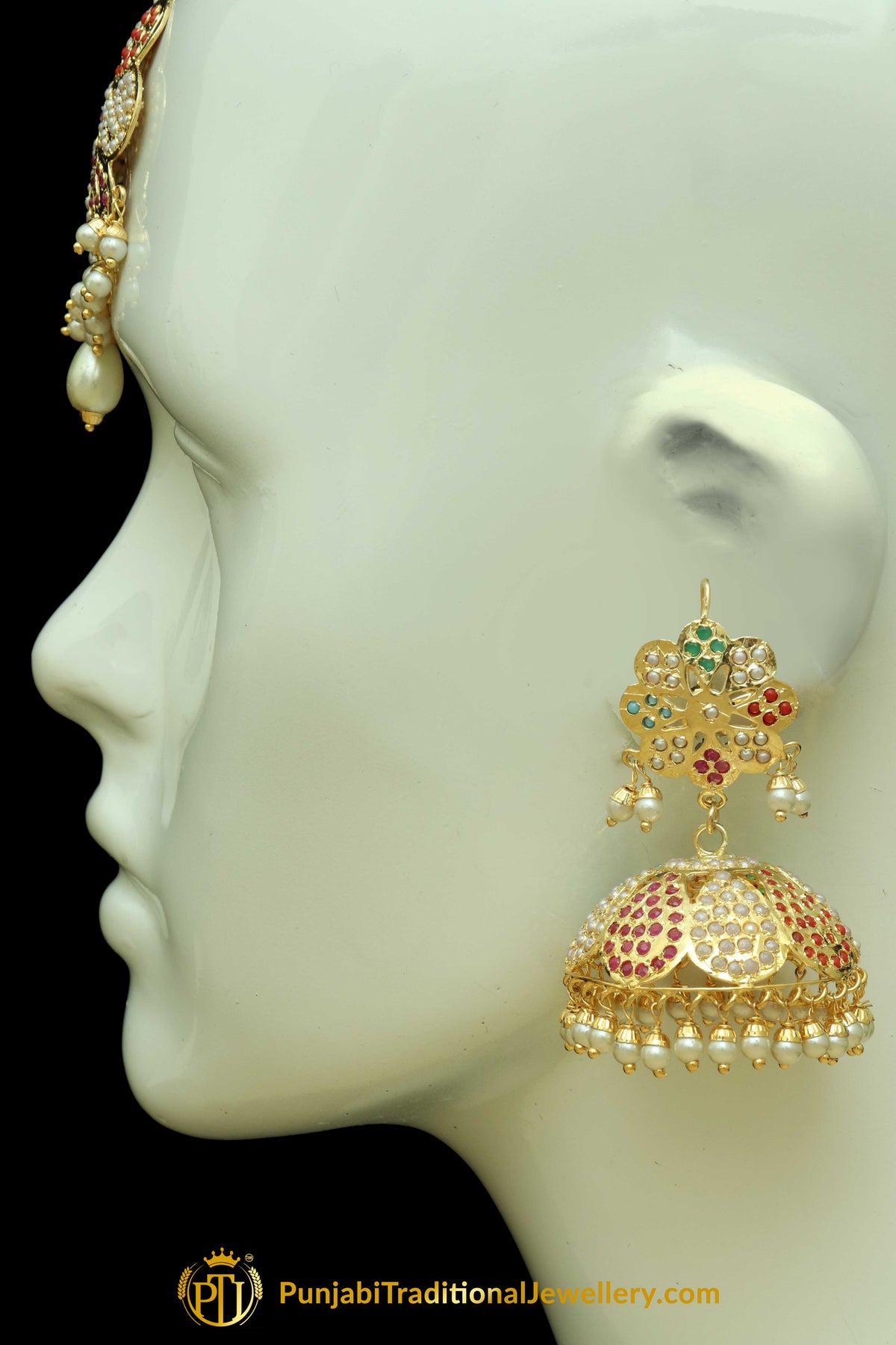 Multi Jadau Pearl Jhumki Earrings & Tikka Set By Punjabi Traditional Jewellery