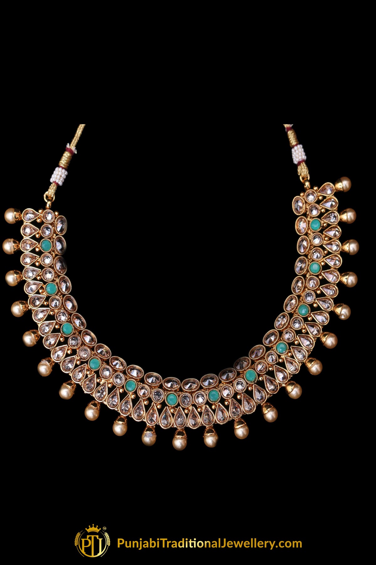 Green White Pearl Polki Necklace Set By Punjabi Traditional Jewellery