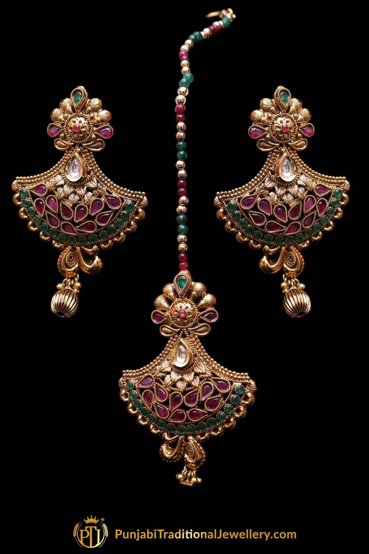 Green Maroon Polki Earring Tikka Set By Punjabi Traditional Jewellery