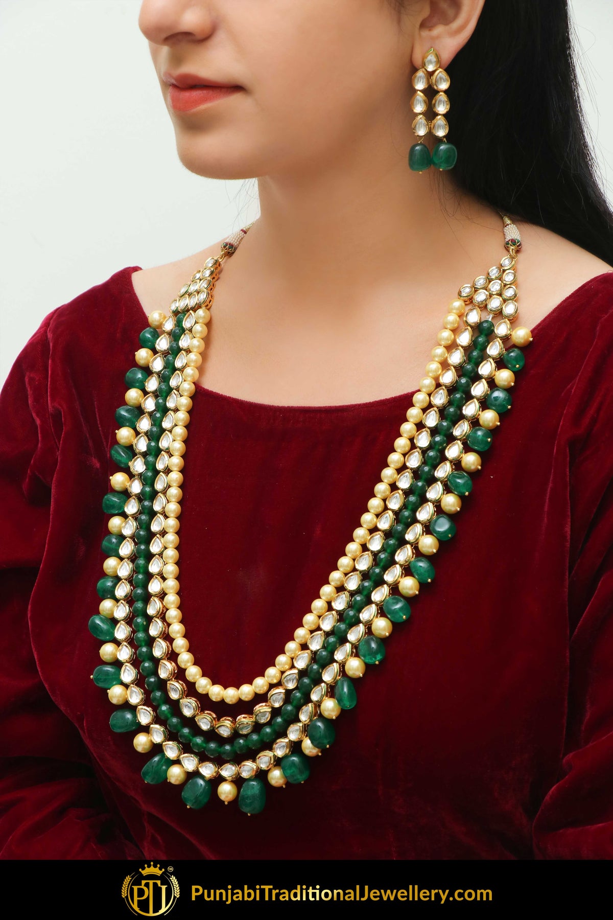 Abeer Emerald Kundan & Pearl Necklace & Earrings | Punjabi Traditional Jewellery Exclusive