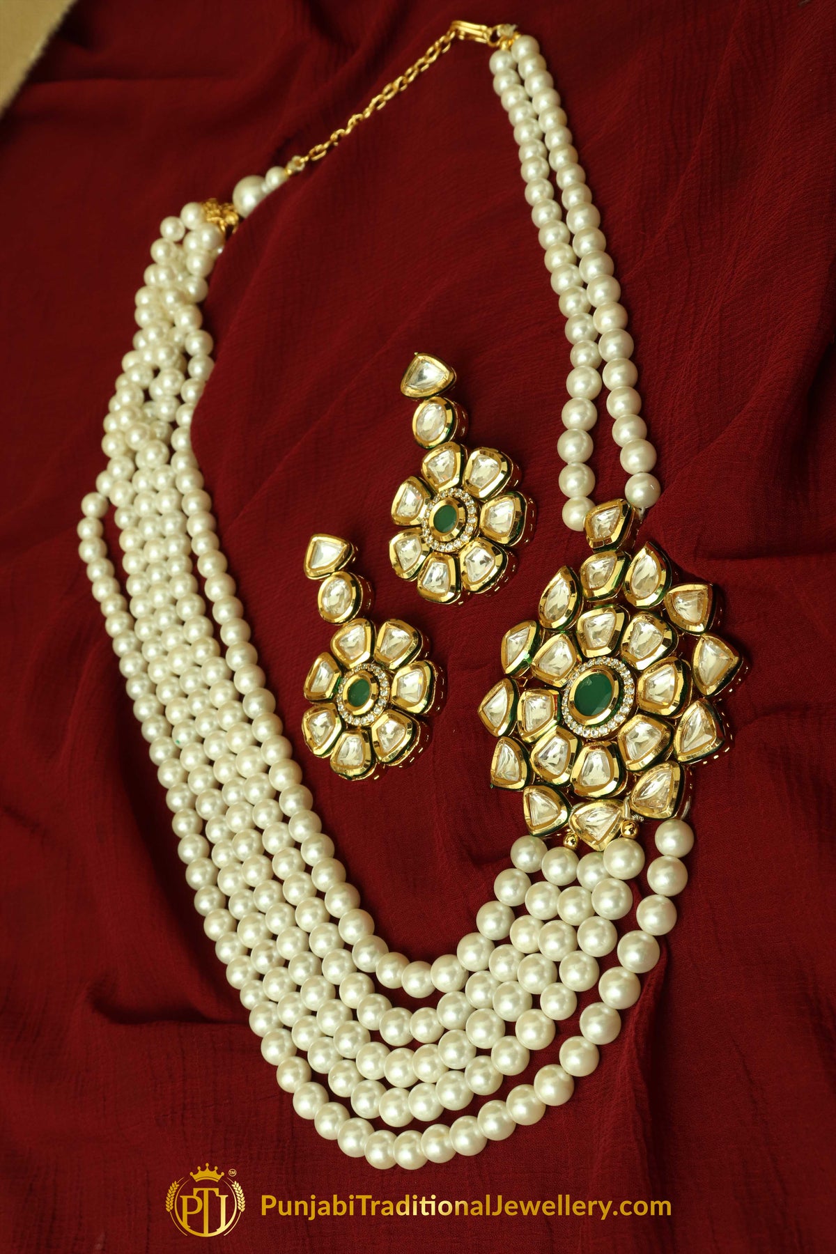 Green Kundan & Pearl Mala Necklace Set By Punjabi Traditional Jewellery