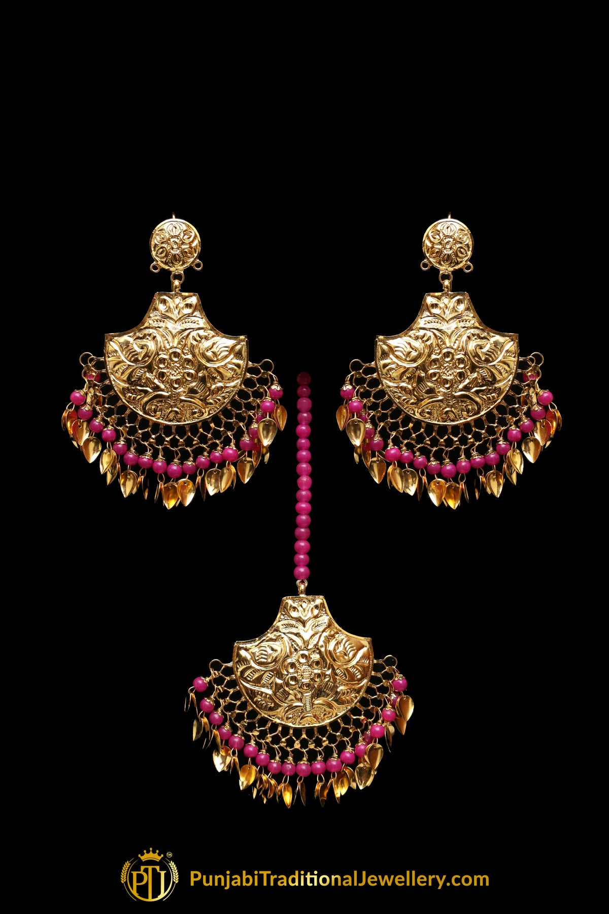 Pink Pippal Patti Earring Tikka Set By Punjabi Traditional Jewellery
