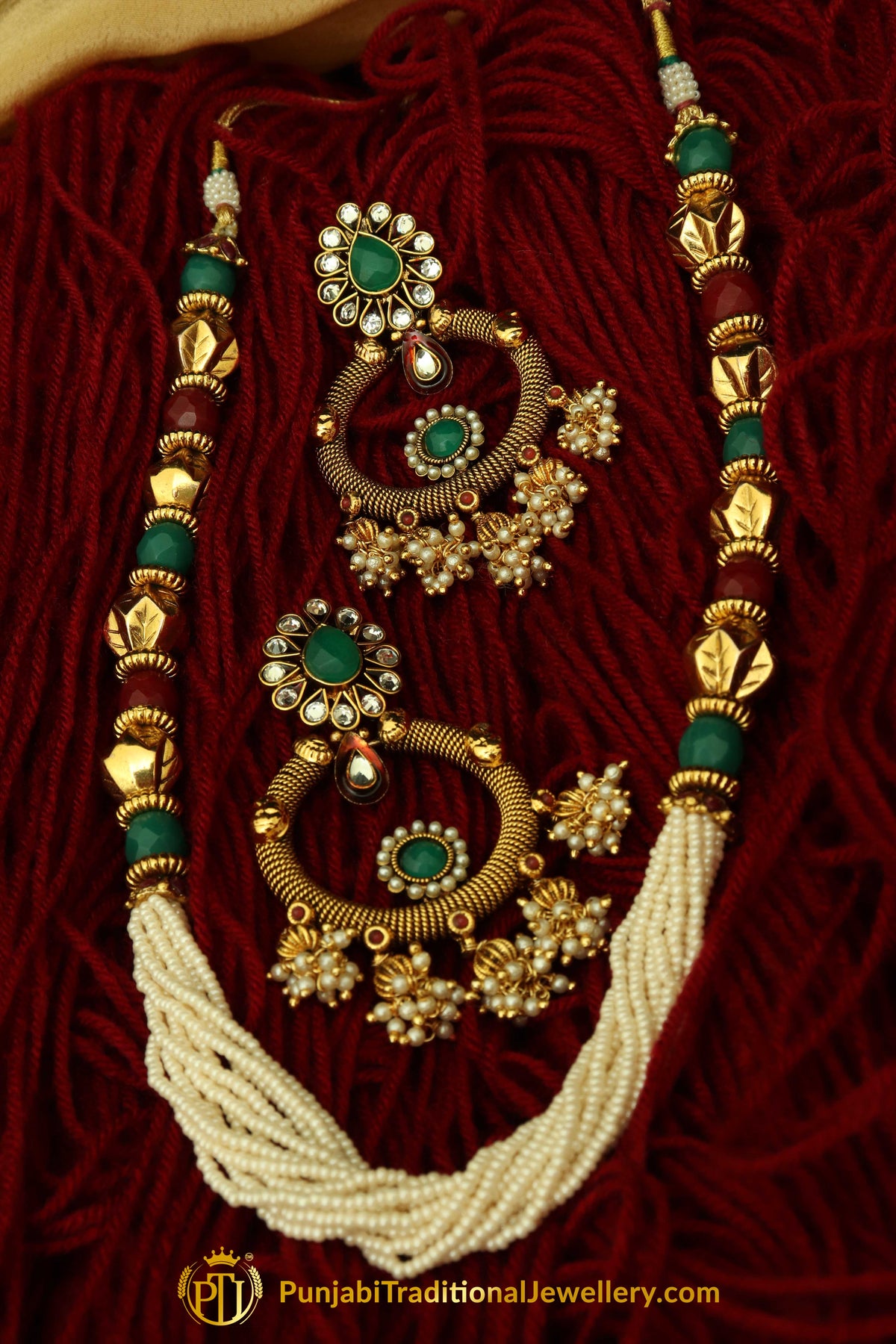 Rubby Panna Pearl Jodha Mala Necklace Set By Punjabi Traditional Jewellery