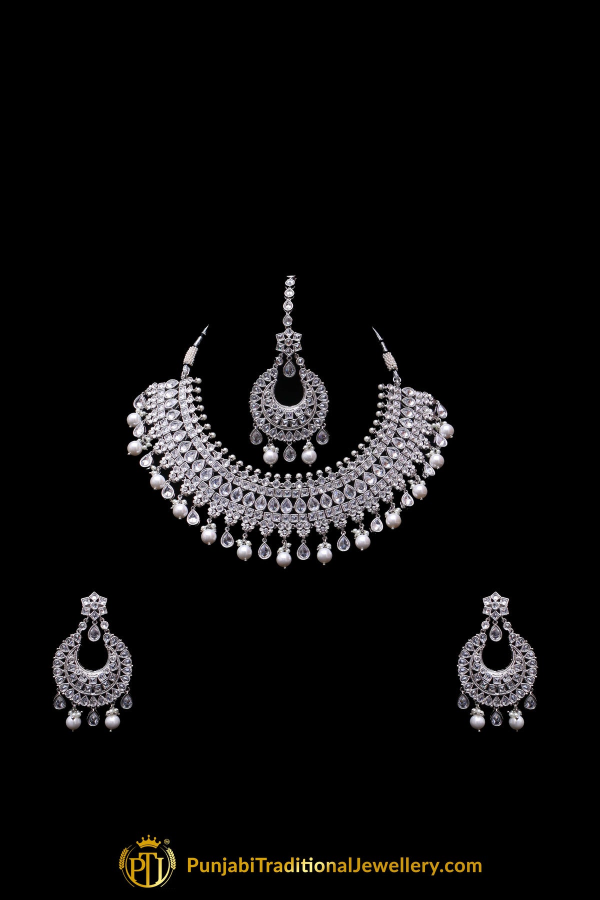 Silver Polki Pearl Necklace Set By Punjabi Traditional Jewellery
