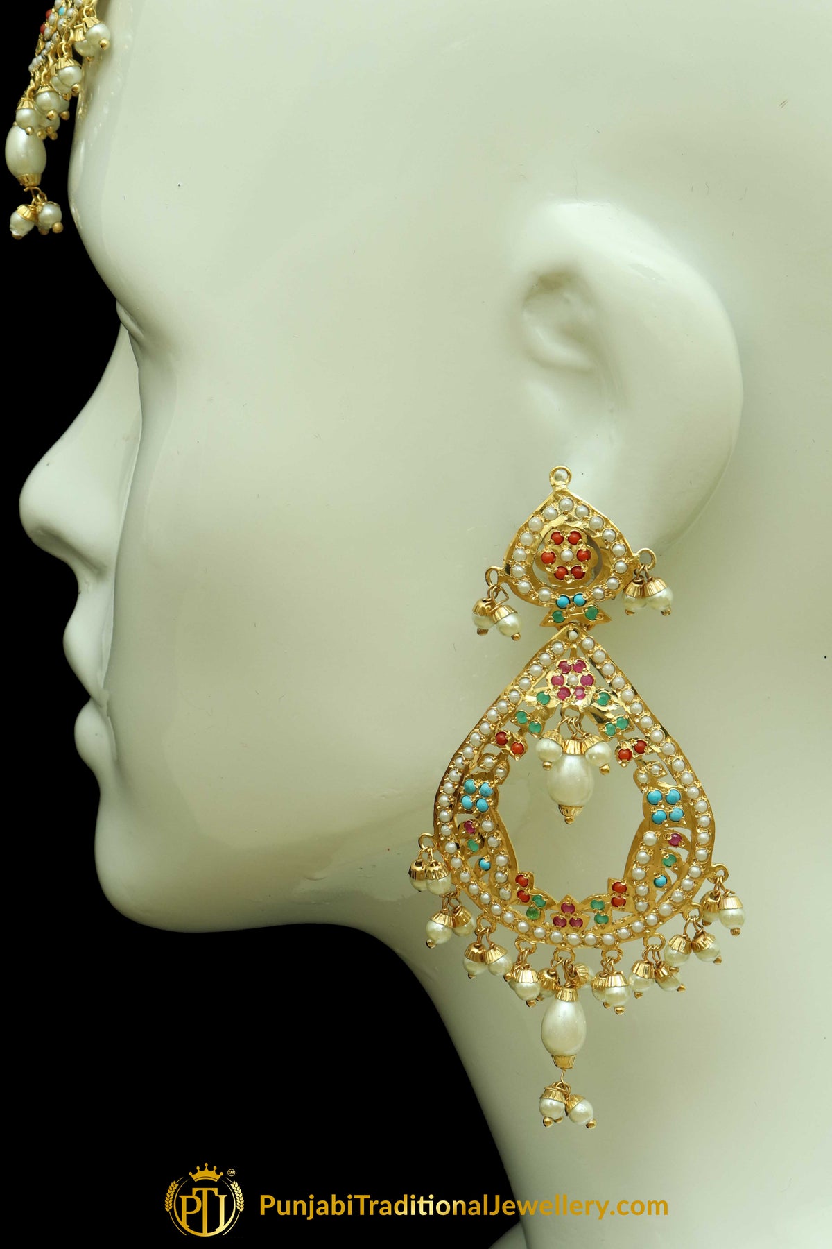 Gold Finished Navratan Jadau Earring Tikka Set By Punjabi Traditional Jewellery
