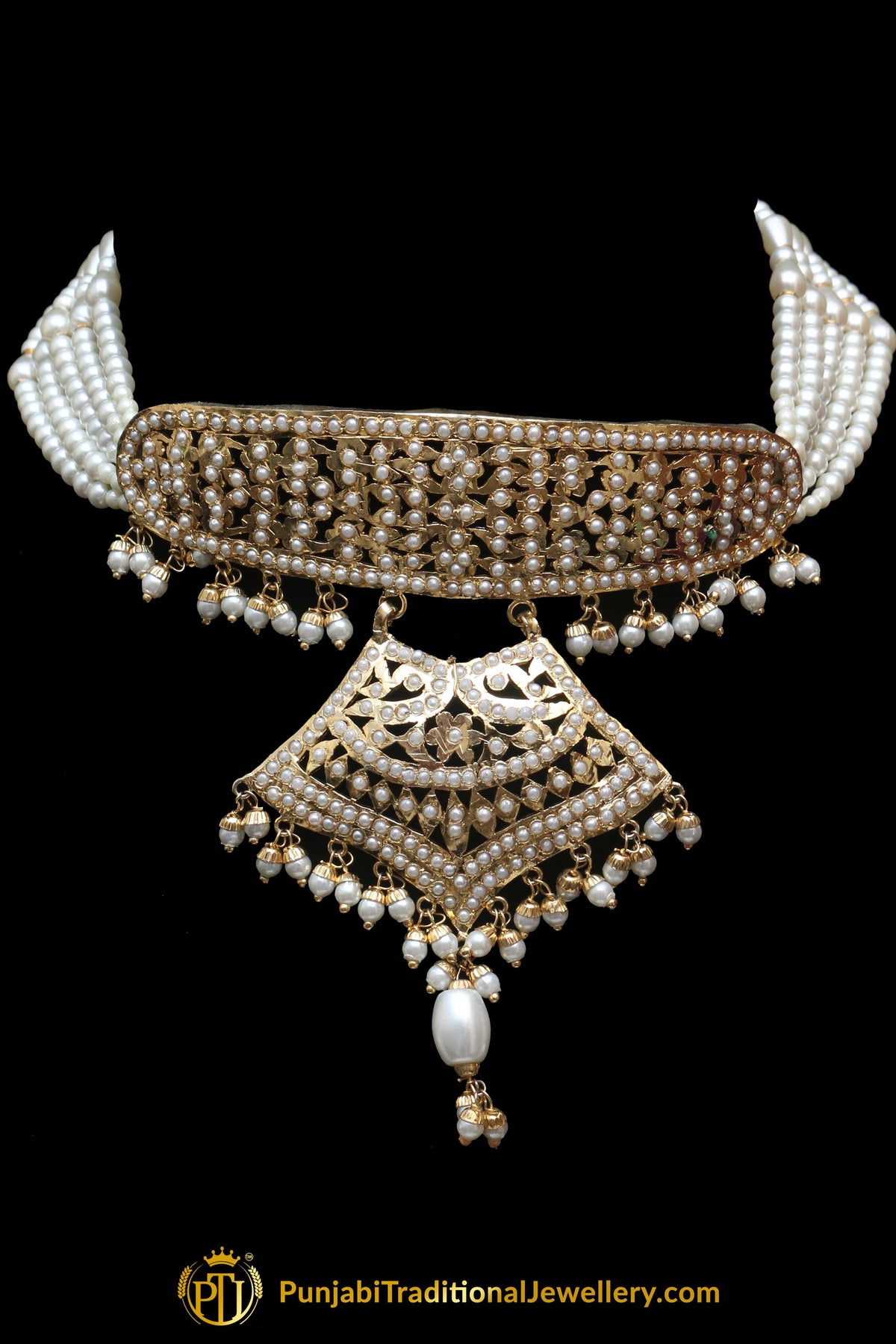 Jadau White Pearl  Mala Necklace Set By Punjabi Traditional Jewellery