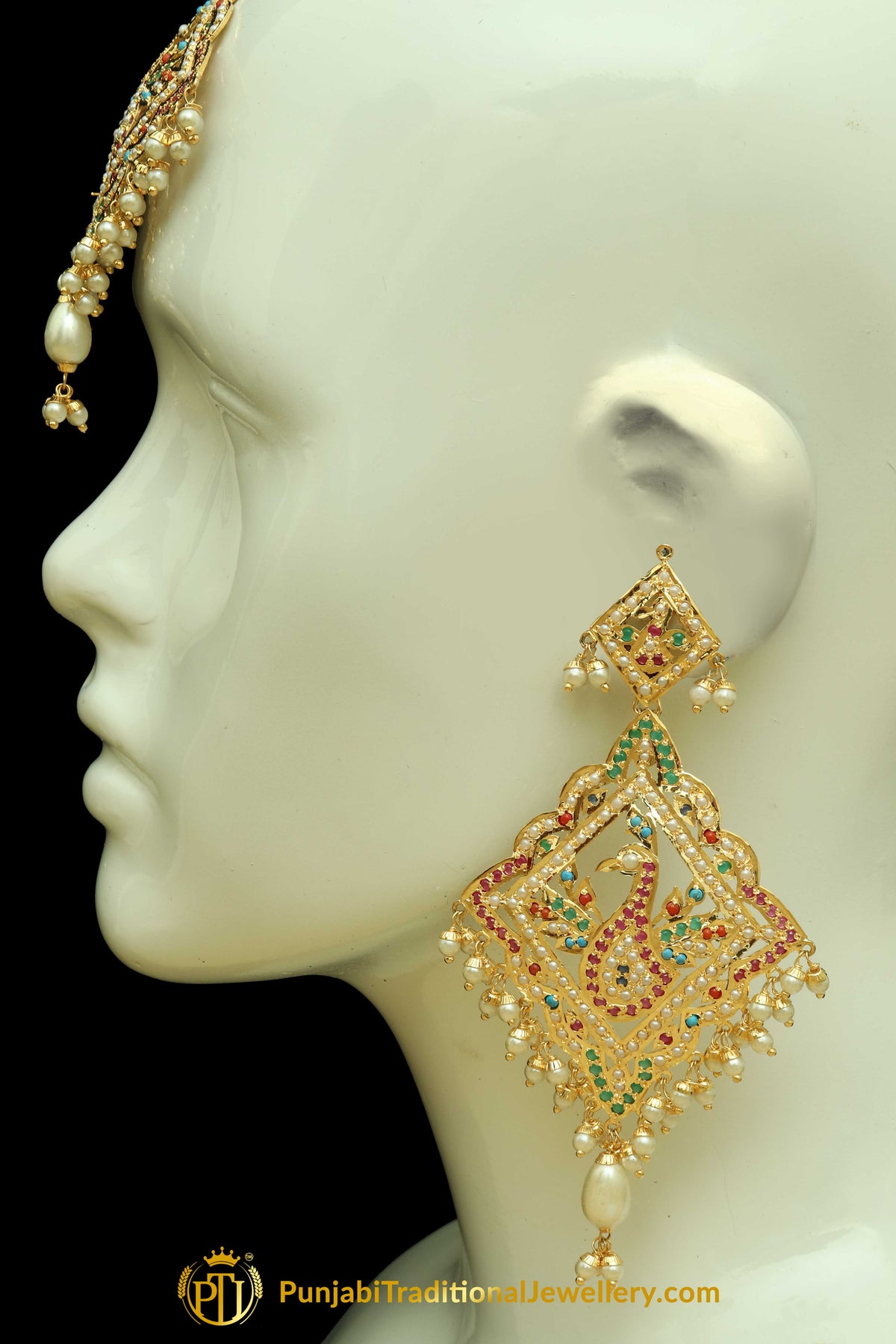 Multi Jadau Pearl Earring Tikka Set By Punjabi Traditional Jewellery