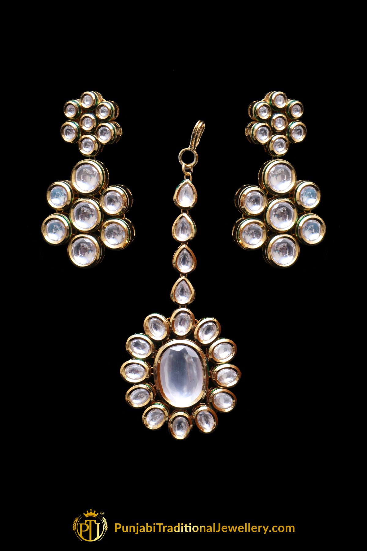 Golden Kundan Earring Tikka Set By Punjabi Traditional Jewellery