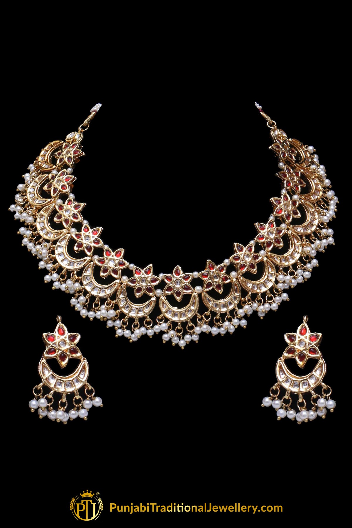 Red Pearl Kundan Necklace Set Punjabi Traditional Jewellery