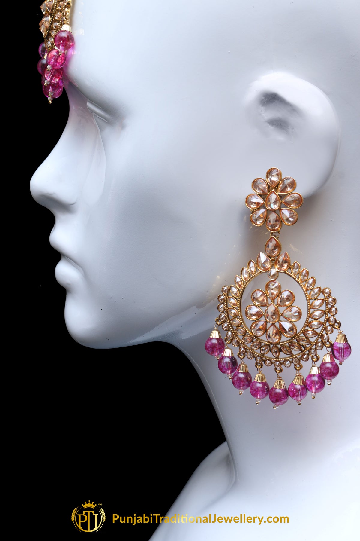Pink Champagne Stone Earring Tikka Set By Punjabi Traditional Jewellery