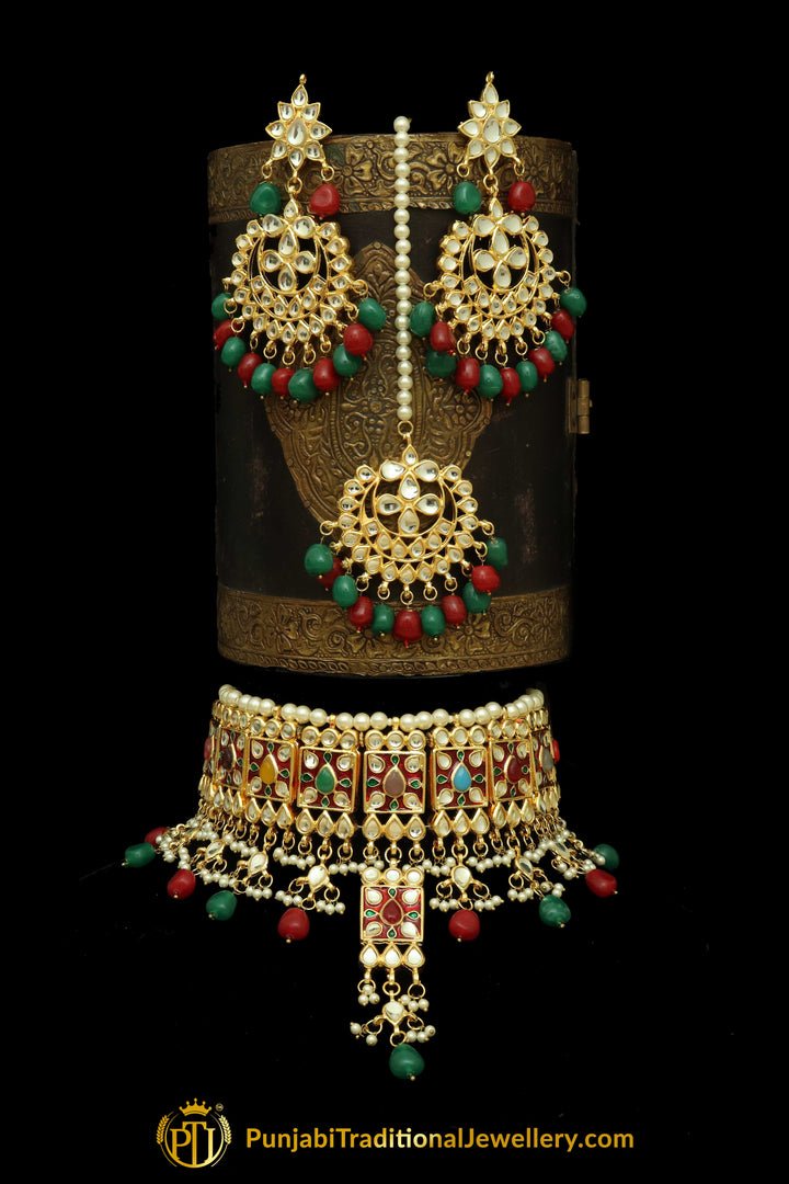 Multi Meena Kundan Pearl Choker Necklace Set By Punjabi Traditional Jewellery