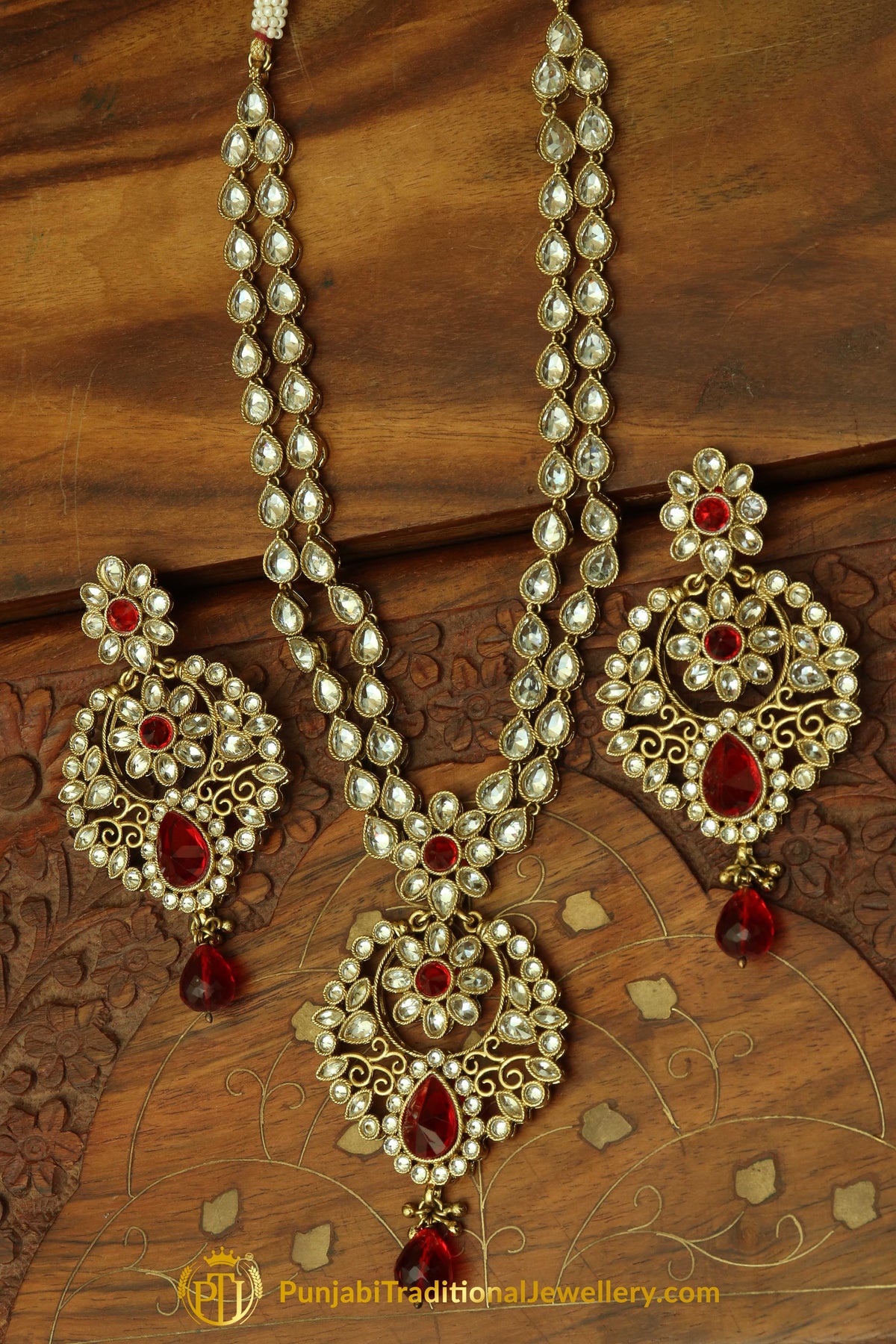 Red Polki Necklace Set By Punjabi Traditional Jewellery